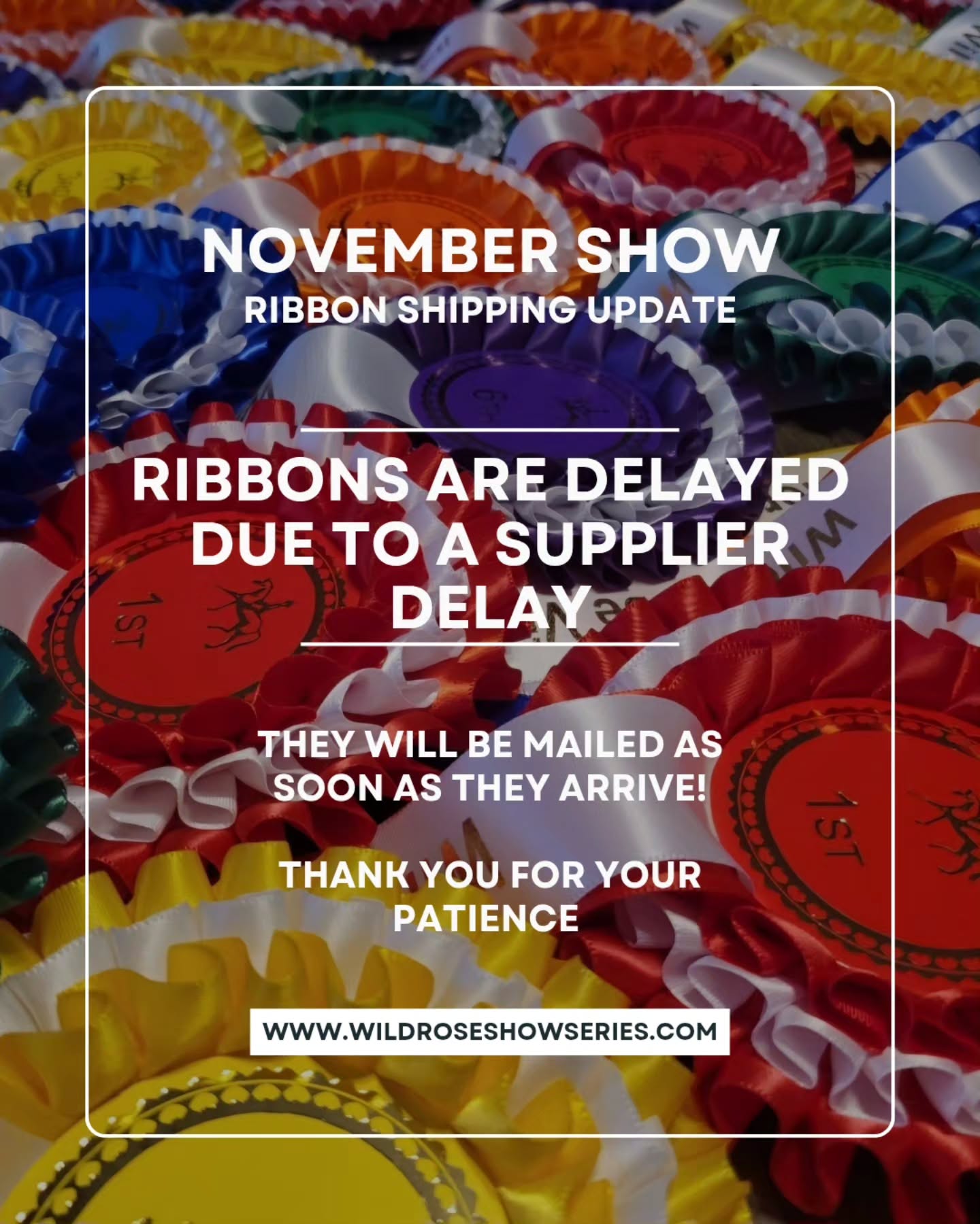 π¨ Ribbon Shipping Update β November Show π¨
We wanted to share a quick update regarding the November show ribbons.
Unfortunately, there has been a delay from our ribbon supplier, which has caused a delay in shipping them out to you.
We sincerely apologize for the inconvenience and appreciate your patience and understanding. As soon as the ribbons arrive to us, the November show ribbons will be mailed out right away.
Thank you so much for your continued support! We canβt wait for you to receive them! πβ¨