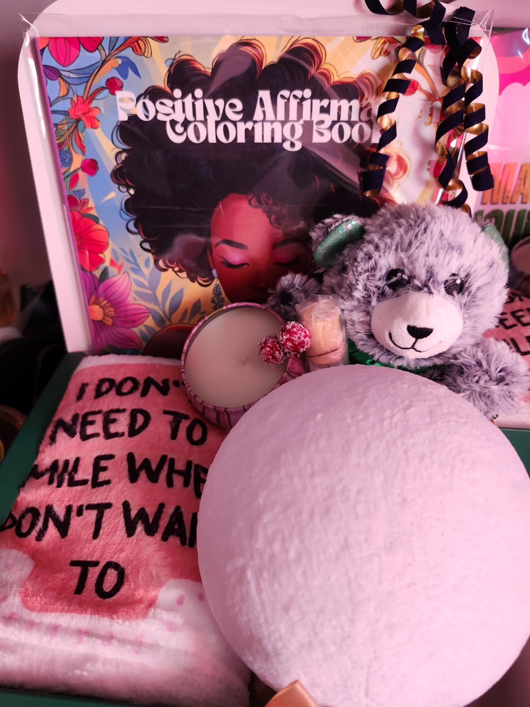 Your Wellness Box $40...Color Therapy, Mood Lamp, Emotional Support Blanket, Candle, Teddy Bear, Sample Body Oil