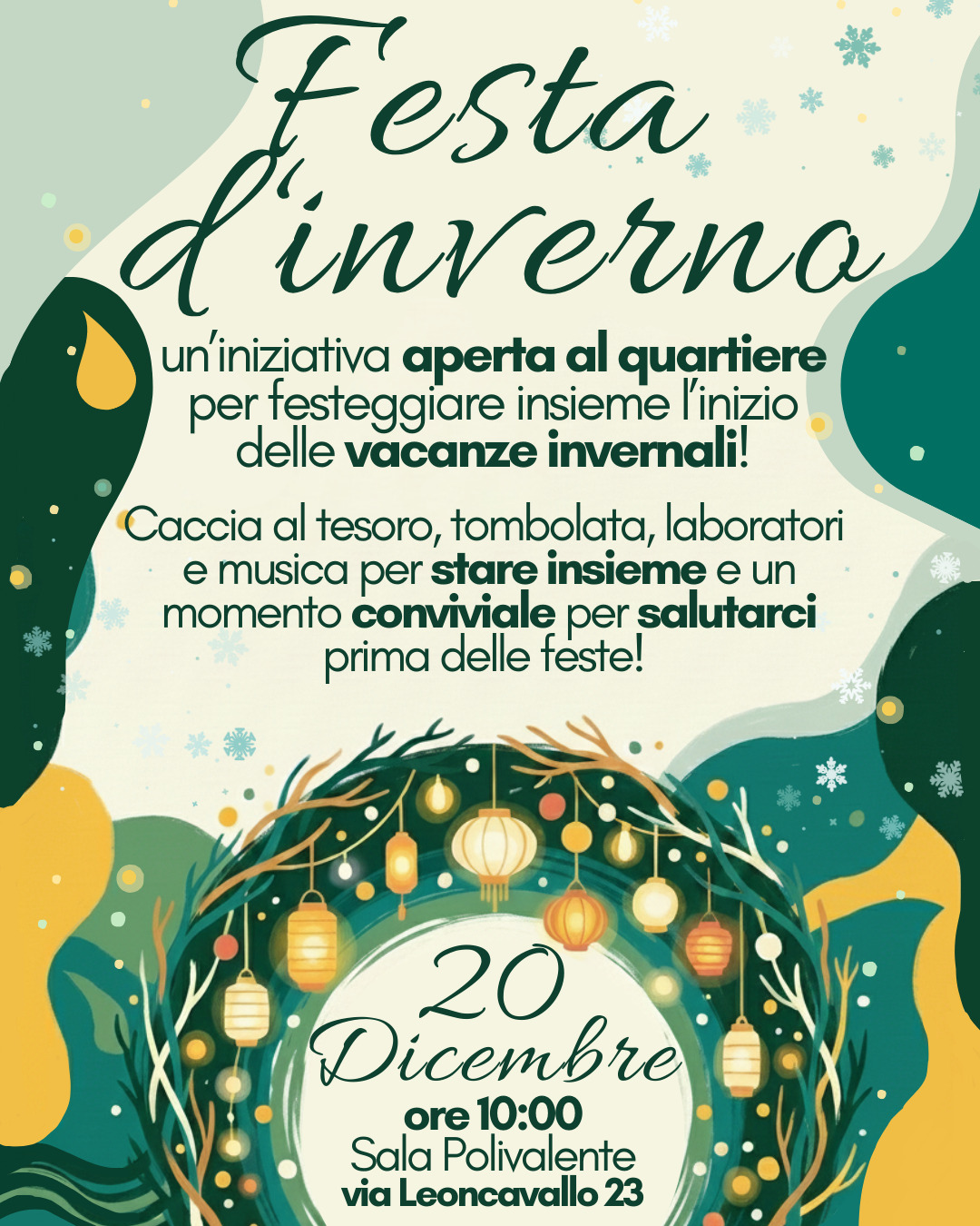 🎄 Festa d’Inverno ai Giardini Saragat 🎄
Un’occasione per salutarci prima delle vacanze, stare insieme e vivere il quartiere!
📆 Sabato 20 dicembre
📍 Sala Polivalente di Via Leoncavallo 23
🕙 Ore 10.00
Dalle 10.30 con le realtà del progetto 𝐘𝐨𝐮𝐧𝐠 𝐃𝐫𝐞𝐚𝐦𝐬:
🔸 Caccia al tesoro a cura degli animatori del progetto 𝑺𝒕𝒆𝒍𝒍𝒂 di @acmos_eye
🔸 Laboratorio creativo di lanterne d’inverno realizzato insieme a @cisv_ets, che verranno utilizzate per abbellire i Giardini Saragat.
Il progetto 𝐘𝐨𝐮𝐧𝐠 𝐃𝐫𝐞𝐚𝐦𝐬 di @acmos_eye è realizzato in collaborazione con @almaterratorino, @associazione.amece, @asai_torino, @circolo.banfo, @cisv_ets, Commissione Sinodale per la Diaconia ETS, Legamondo OdV, @coopliberitutti, fondazione_mamre, @centroippicomeisino, @mais_ong, Misteria – Associazione Culturale, L’Associazione di Idee Onlus, @orme_musicateatro, @paroleinmovimentoets, @reteong, Sumisura APS ETS, Fondazione Uniti per crescere insieme onlus, Istituto Comprensivo Statale “Aristide Gabelli”, Istituto Comprensivo Statale “Ennio Morricone”, @gruppoabeleonlus.
@fondazionecompagniadisanpaolo è il maggior sostenitore dell’iniziativa.