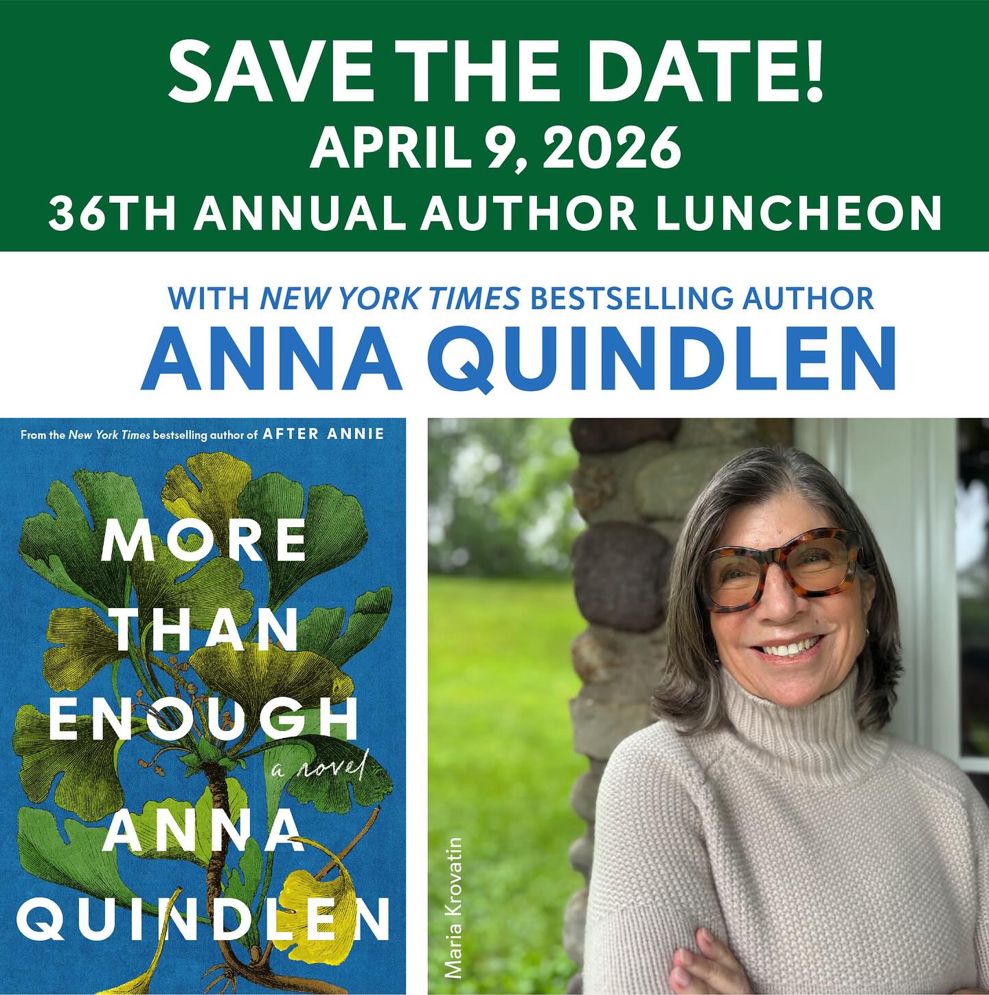 𝗦𝗔𝗩𝗘 𝗧𝗛𝗘 𝗗𝗔𝗧𝗘! 𝟯𝟲𝘁𝗵 𝗔𝗻𝗻𝘂𝗮𝗹 𝗔𝘂𝘁𝗵𝗼𝗿 𝗟𝘂𝗻𝗰𝗵𝗲𝗼𝗻
Thurs., April 9 | 11am-2:30pm | The Terrace, Paramus
The Friends Foundation of the Ridgewood Public Library is thrilled to announce our guest, 𝗔𝗻𝗻𝗮 𝗤𝘂𝗶𝗻𝗱𝗹𝗲𝗻, 𝘕𝘦𝘸 𝘠𝘰𝘳𝘬 𝘛𝘪𝘮𝘦𝘴 bestselling author of 𝙍𝙞𝙨𝙚 𝙖𝙣𝙙 𝙎𝙝𝙞𝙣𝙚, the #1 bestselling memoir 𝙇𝙤𝙩𝙨 𝙤𝙛 𝘾𝙖𝙣𝙙𝙡𝙚𝙨, 𝙋𝙡𝙚𝙣𝙩𝙮 𝙤𝙛 𝘾𝙖𝙠𝙚, and 𝘼 𝙎𝙝𝙤𝙧𝙩 𝙂𝙪𝙞𝙙𝙚 𝙩𝙤 𝙖 𝙃𝙖𝙥𝙥𝙮 𝙇𝙞𝙛𝙚. Her other novels include 𝙊𝙗𝙟𝙚𝙘𝙩 𝙇𝙚𝙨𝙨𝙤𝙣𝙨, 𝘽𝙡𝙚𝙨𝙨𝙞𝙣𝙜𝙨, 𝙊𝙣𝙚 𝙏𝙧𝙪𝙚 𝙏𝙝𝙞𝙣𝙜, the Oprah Book Club Selection 𝘽𝙡𝙖𝙘𝙠 𝙖𝙣𝙙 𝘽𝙡𝙪𝙚, 𝙀𝙫𝙚𝙧𝙮 𝙇𝙖𝙨𝙩 𝙊𝙣𝙚, 𝙎𝙩𝙞𝙡𝙡 𝙇𝙞𝙛𝙚 𝙬𝙞𝙩𝙝 𝘽𝙧𝙚𝙖𝙙 𝘾𝙧𝙪𝙢𝙗𝙨, 𝙈𝙞𝙡𝙡𝙚𝙧’𝙨 𝙑𝙖𝙡𝙡𝙚𝙮, 𝘼𝙡𝙩𝙚𝙧𝙣𝙖𝙩𝙚 𝙎𝙞𝙙𝙚., and 𝘼𝙛𝙩𝙚𝙧 𝘼𝙣𝙣𝙞𝙚. While a columnist at 𝘛𝘩𝘦 𝘕𝘦𝘸 𝘠𝘰𝘳𝘬 𝘛𝘪𝘮𝘦𝘴 she won the Pulitzer Prize and published two collections, 𝙇𝙞𝙫𝙞𝙣𝙜 𝙊𝙪𝙩 𝙇𝙤𝙪𝙙 and 𝙏𝙝𝙞𝙣𝙠𝙞𝙣𝙜 𝙊𝙪𝙩 𝙇𝙤𝙪𝙙. Her 𝘕𝘦𝘸𝘴𝘸𝘦𝘦𝘬 columns were collected in 𝙇𝙤𝙪𝙙 𝙖𝙣𝙙 𝘾𝙡𝙚𝙖𝙧.
Her highly anticipated new novel, 𝙈𝙊𝙍𝙀 𝙏𝙃𝘼𝙉 𝙀𝙉𝙊𝙐𝙂𝙃, will be released on February 24, 2026, and available for purchase through Friends Foundation and Bookends.
Tickets on sale early 2026. We hope you can join us!
#FriendsFoundationoftheRidgewoodLibrary #AuthorLuncheon #AnnaQuindlen #MoreThanEnough