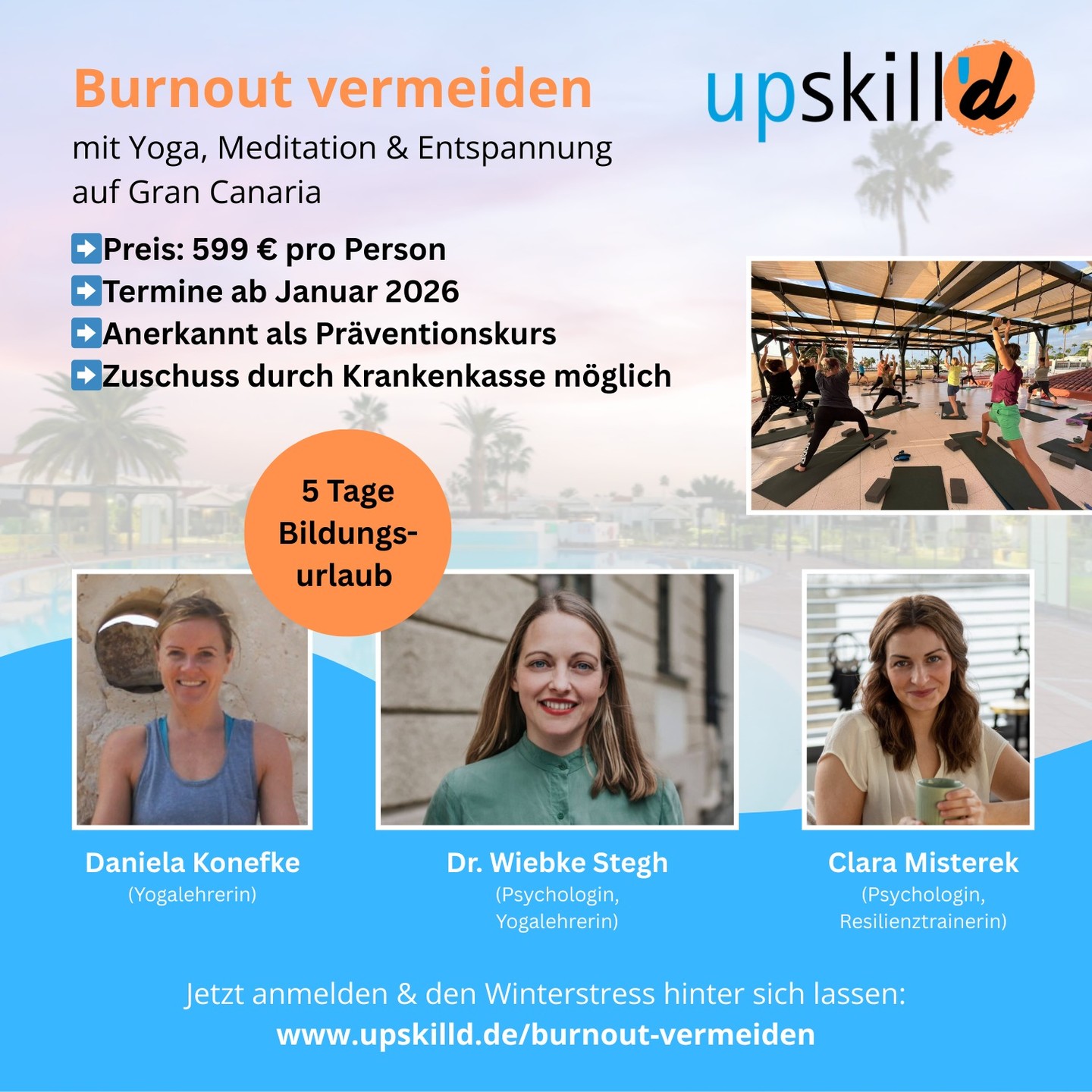 ✨ Raus aus dem Stress, rein in deine Balance! ✨
Gönn dir eine Auszeit und lerne in unserem 5-Tage-Seminar auf Gran Canaria, wie du Burnout vorbeugen und wieder zu dir finden kannst – mit Yoga, Meditation und praktischen Tools für mehr Gelassenheit.
☀️ Sonne, Ruhe, Entspannung - dem Winter entfliehen.
🧘♀️ Für Einsteiger:innen und alle, die neue Energie brauchen.
👉 Mehr Infos: Link in Bio
#Bildungsurlaub #BurnoutVermeiden #Selbstfürsorge #YogaRetreat #upskilld #MentalHealth #grancanaria❤️