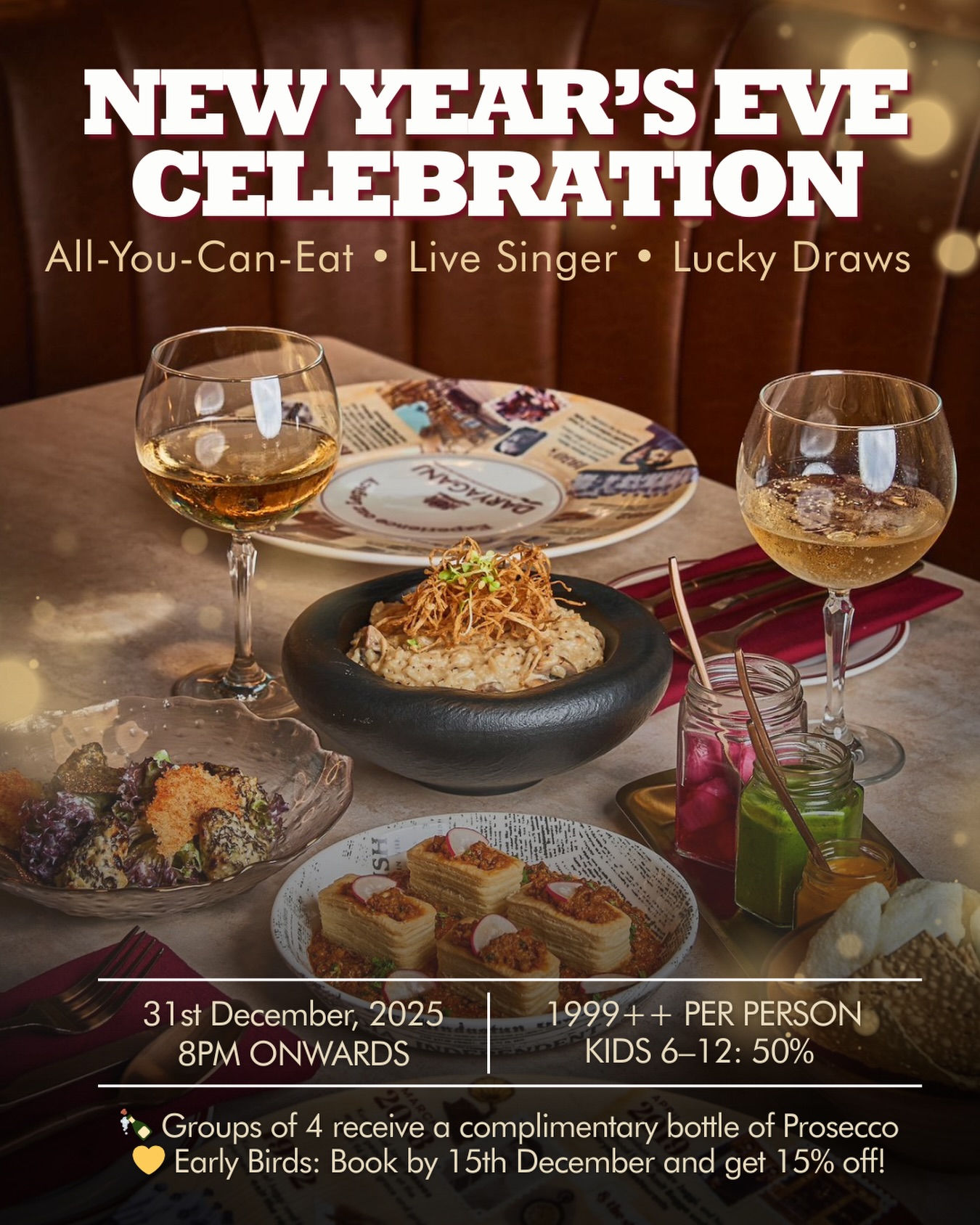 Ring in 2026 the Daryaganj way — with flavour, music, and a whole lot of celebration. 🎉 This year, our New Year’s Eve feast is bigger, warmer, and more memorable than ever.
✨ 31st December 2025 | From 8 PM onwards
✨ 1999++ per person
• Kids 6–12: 50%
• Kids under 6: Free
What’s waiting for you:
🔥 All-you-can-eat feast (our full Sunday Brunch menu)
🎤 Live singer
🍹 Optional Free-Flow Package — 1500 THB
(Vodka, Rum, Gin, Whisky, Select Cocktails, Red & White Wine)
Special perks:
🍾 Groups of 4 receive a complimentary bottle of Prosecco
🎁 Lucky Draw Prizes: wine bottles, Sunday Brunch vouchers, a 2-night stay at Radisson Hotel
💛 Early Bird: Enjoy 15% off food when you book before December 15
Come hungry, leave happy — and start the new year with us.
📞 026587077
📍 Daryaganj Bangkok – Park Plaza Hotel, Sukhumvit 18