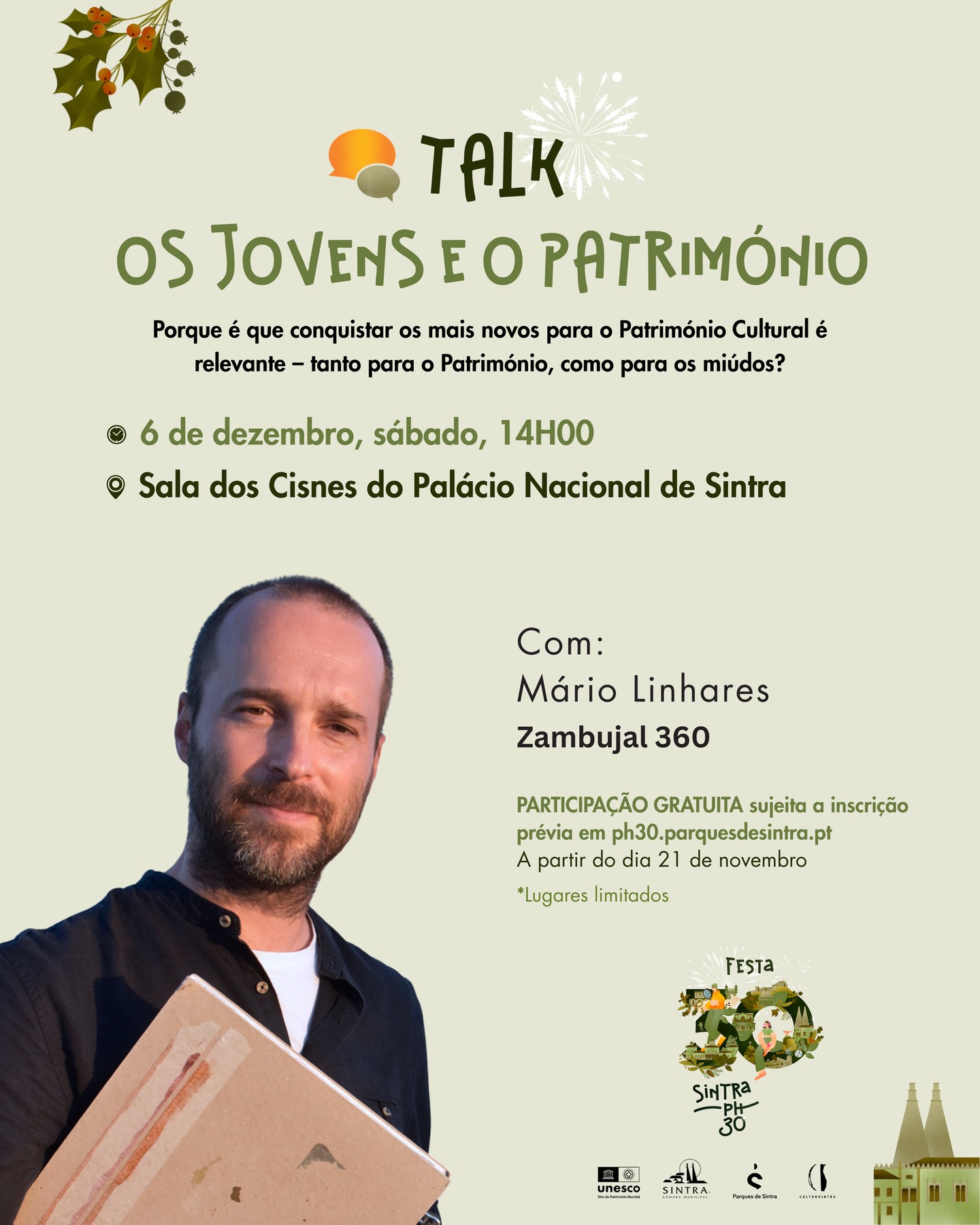📣🙋♀️ TALK: "Os Jovens e O Património" - Festa Sintra PH30
🗓️ Dia 6 de dezembro, 14H00
📍 Sala dos Cisnes do Palácio Nacional de Sintra
Como se convocam os jovens – seres humanos em crescimento acelerado, inundados de inúmeros estímulos, prenhos de energia, vontade e curiosidade – para se tornarem os primeiros entusiastas e, sobretudo, criadores de futuro relativamente a este Bem Coletivo que é o Património Cultural?
Esta será a questão central em debate, num painel que reúne profissionais e pensadores do campo da Educação e do Património Cultural – como é o caso do projeto de empoderamento comunitário no Bairro do Zambujal (@zambujal360) através da criação artística, apresentado por Mário Linhares (@linhares.mr).
Professor, estudou na António Arroio e na Faculdade de Belas-Artes. Mestre em Ensino das Artes Visuais, Doutor em Belas-Artes com especialidade em Desenho. Foi director dUSk Talks, com os Urban Sketchers; Sketch Tour Portugal, com o Turismo de Portugal; e o Zambujalgal – nomeadamente, o trabalho comunitário no Bairo do Zambujal através da ONGD Ad Gentes –, como no estrangeiro. Presidente da ONGD Ad Gentes, é autor de livros, participa em exposições, eventos e conferências. Na pandemia, iniciou e liderou quatro projetos: 5 Minutos de Desenho, com a Faculdade de Belas-Artes; USk Talks, com os Urban Sketchers; Sketch Tour Portugal, com o Turismo de Portugal; e o Zambujal 360, o primeiro bairro embaixador ODS, com 17 entidades parceiras.
➡️ PARTICIPAÇÃO GRATUITA sujeita a inscrição prévia em ph30.parquesdesintra.pt (link na bio)
*Lugares limitados
#sintraph30 #talk #patrimóniocultural #worldheritage #opatrimónioécool #festasintraph30 #palácionacionaldesintra