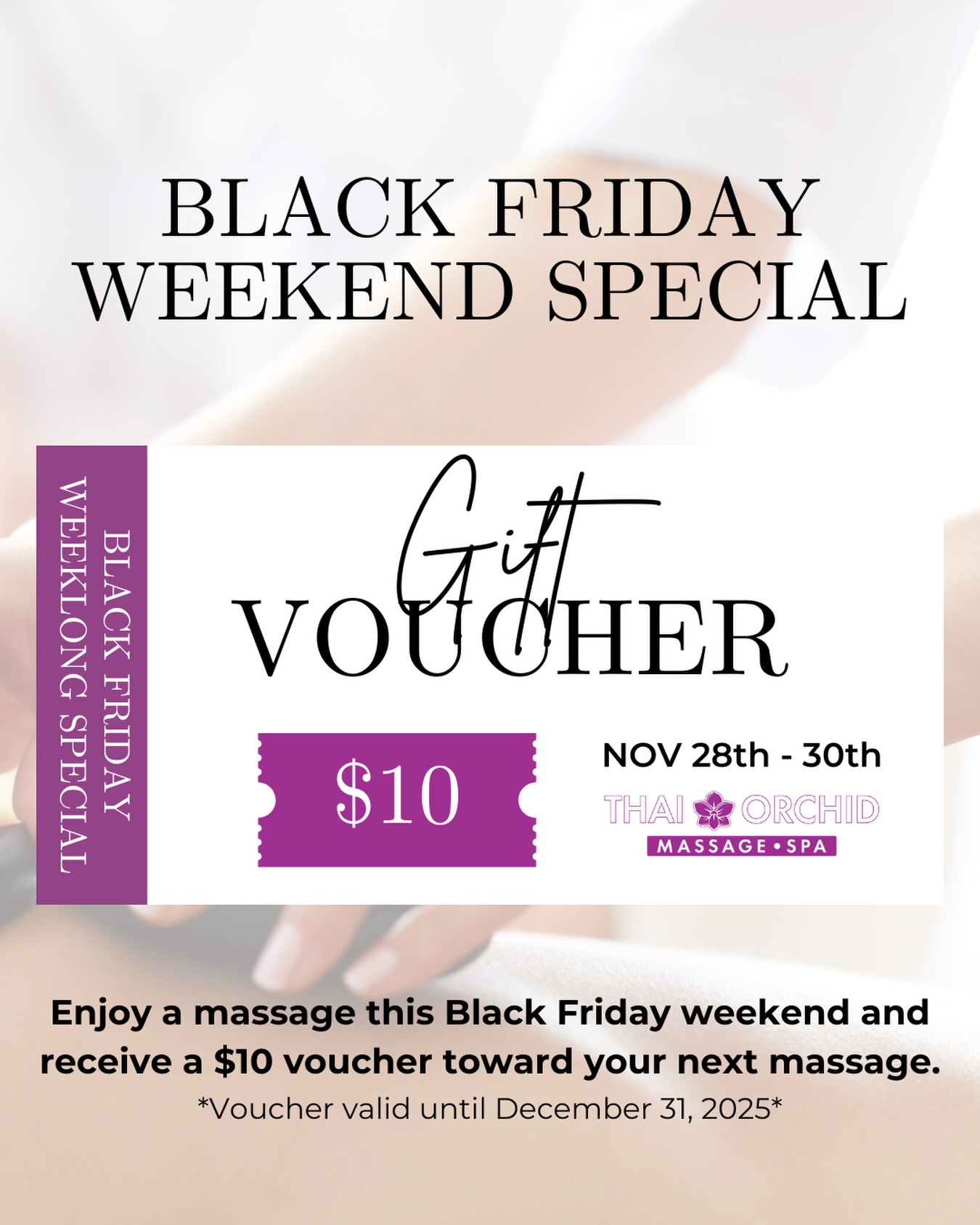๐๐ปโโ๏ธ Black Friday Weekend Special at Thai Orchid Massage & Spa! ๐
Treat yourself this holiday season! Join us at Thai Orchid Massage & Spa in Centennial Hills, Las Vegas, for our exclusive Black Friday Weekend Special.
From November 24th - 30th, enjoy your favorite massage service and receive a $10 voucher toward your next massage! Itโs the perfect way to extend your relaxation into the new year.
Donโt miss out on this limited-time offer to prioritize your well-being.
๐ DISCLAIMER: Your $10 voucher MUST BE USED by December 31, 2025.
BOOK TODAY โจ
(725) 259-6295
www.ThaiOrchidMassageSpa.com
๐ซ Walk-Ins & Appointments Welcome
๐ 8414 Farm Road Suite 140
Las Vegas, NV 89131
๐ธ๐ธ๐ธ๐ธ๐ธ๐ธ๐ธ๐ธ๐ธ๐ธ
#massagespecial #massagedeal #holidayshopping #weekendvibe #fyp #vegasshopping #vegasmassage #vegasdeals #vegasweekend #vegas #lasvegasnevada #tivolivillagelv #lasvegashair #lasvegasnails #vegaswellness #mountcharleston #leecanyon #lasvegassmallbusiness #lasvegasbusiness