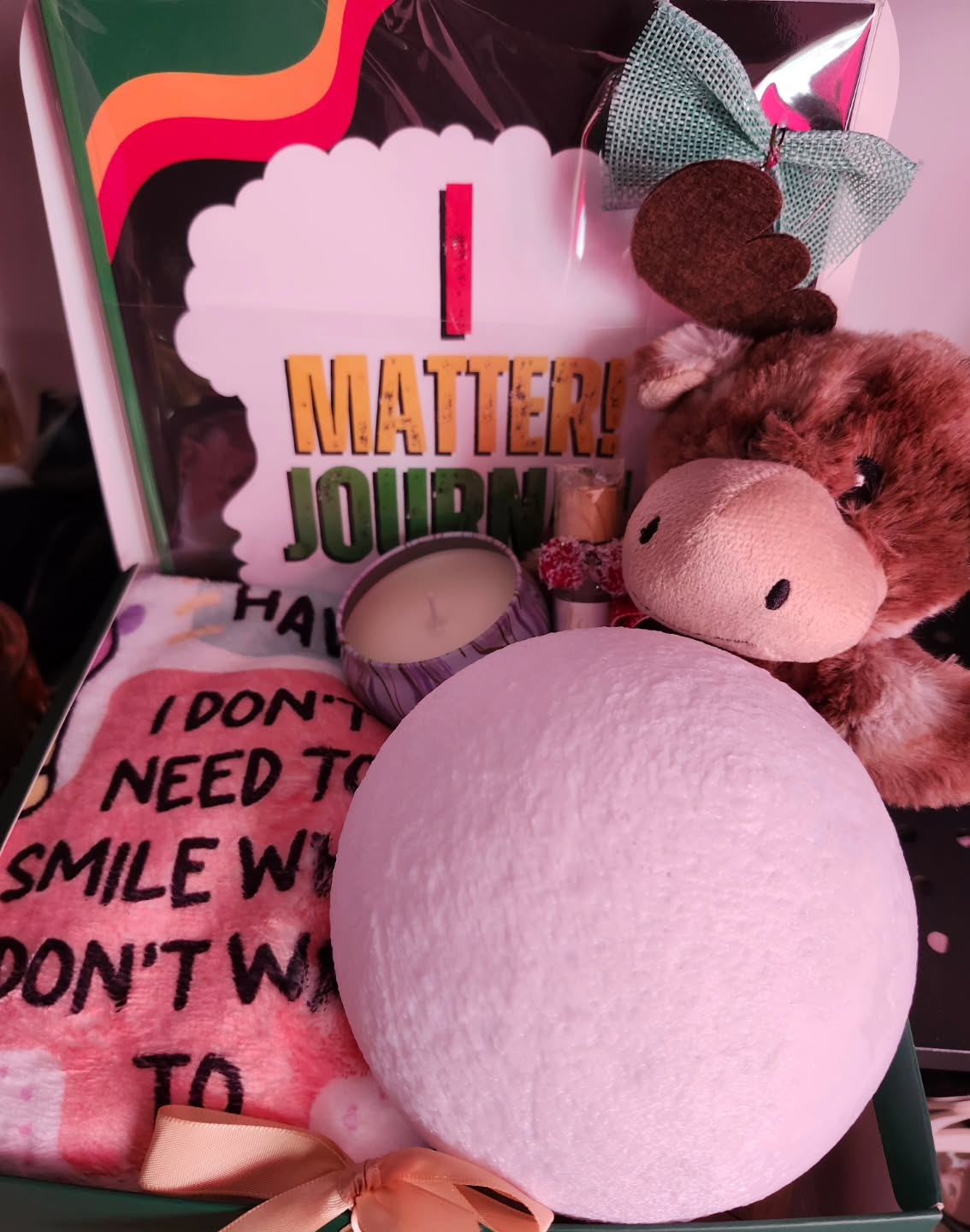 Your Wellness Box $40...Journal Therapy, Mood Lamp, Emotional Support Blanket, Candle, Teddy Bear, Sample Body Oil