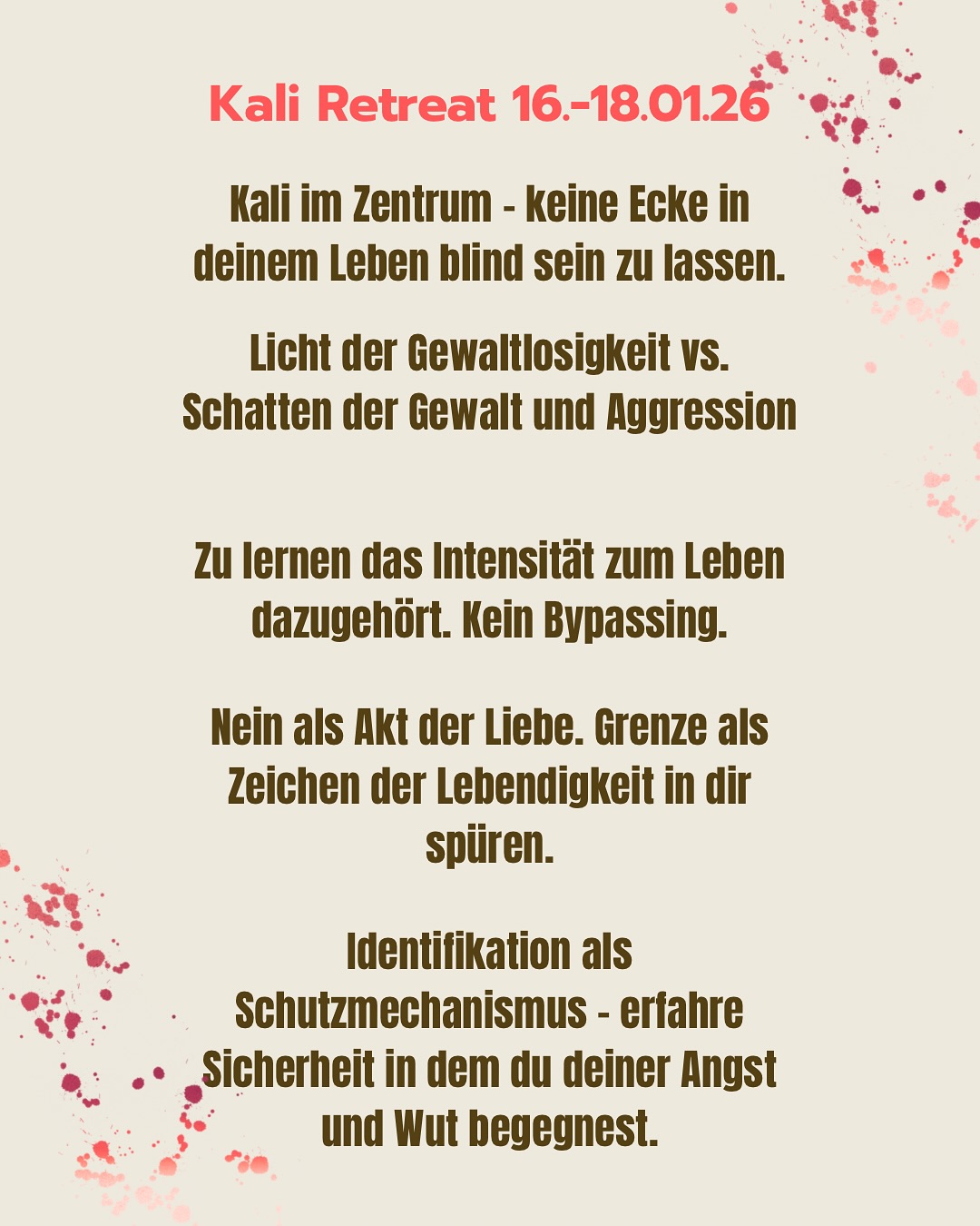 Ich freu mich auf ein besonderes Retreat Wochenende mit @danjalutz im Jahr 2026 von 16.-18. Jänner.
Gerade auch weil Jänner für mich Rückzug bedeutet nach all den Weihnachtstagen und ich mir keinen besseren Start vorstellen kann als sich die Ecken anzuschauen, wo man vielleicht noch blind ist in seinem Leben.
Das Glück nicht linear zu finden sondern gerade dann wenn wir das auflösen was immer wieder zu den gleichen Erfahrungen beiträgt.
Energetische Einprägungen erkennen und zu lernen mit Intensität umzugehen.
Was steht für dieses We an?
Dein Fundament betrachten, mit Körperarbeit aus Tantra, Somatik und Schreiberei.
Alle Infos findest du auch auf https://www.danjalutz.at/kalis-empire und auf Eversports. 🔥
Wir freuen uns auf dich.