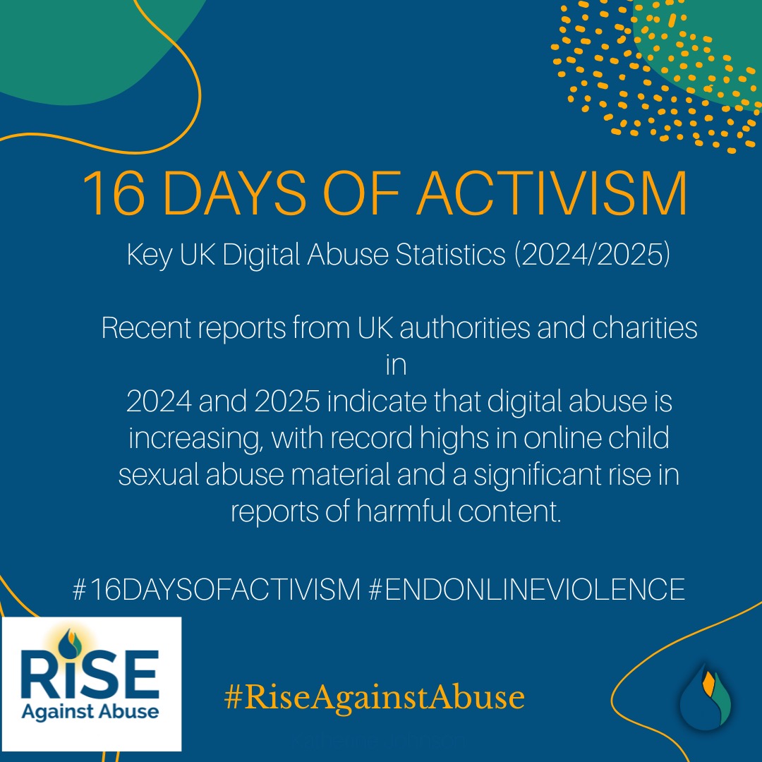 16 Days of Activism Against Gender-Based Violence Campaign for 2025.
Every year, we support the 16 Days of Activism to End Violence Against Women and Girls, which runs from 25 November through 10 December, encompassing both the International Day for the Elimination of Violence Against Women (25 November) and World Human Rights Day (10 December).
The focus for this years campaign is preventing online violence and creating safer online spaces.
If any of our posts have made an impact on you please contact info@riseagainstabuse.com to learn about the freedom programme.
