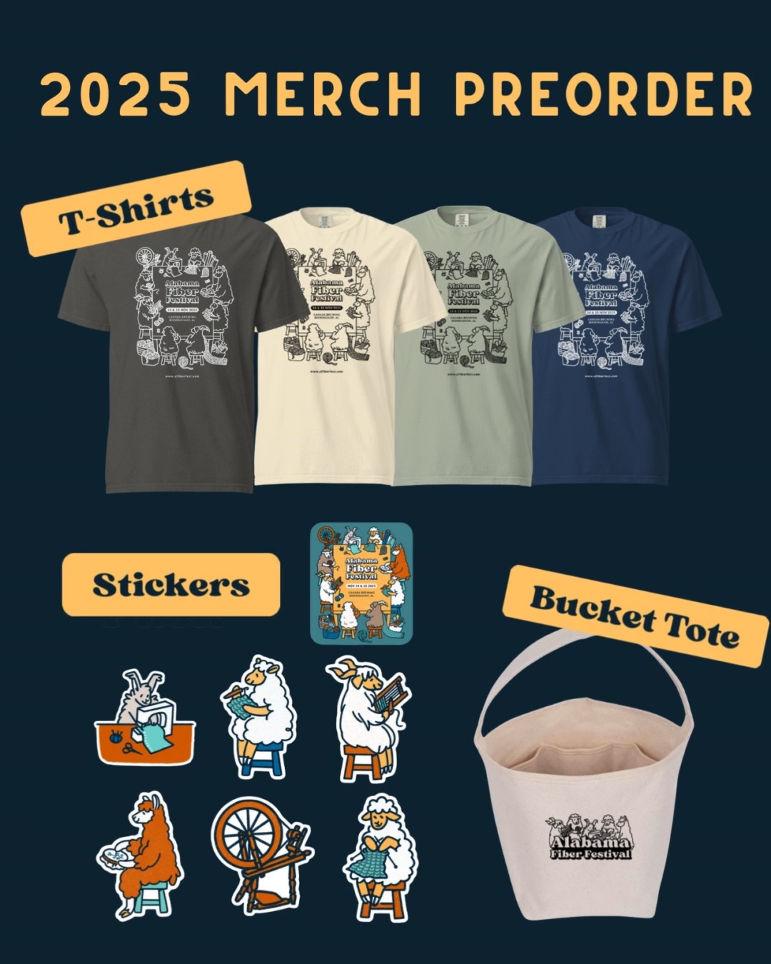 Miss out on a t-shirt, tote bag, sticker, or pin at the festival? Pre orders are now open at alfiberfest.com/shop until December 5th! We will do our best to have all orders shipped before Christmas. Treat yourself or surprise a fiber friend with something fun!