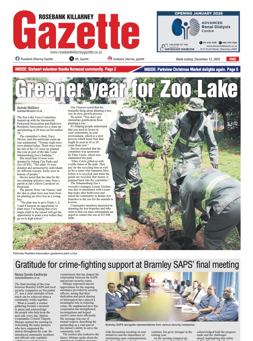 We're on the cover of this week's @rosebank_killarney_gazette! 🗞️
Thank you to Asanda for this wonderful write-up about our last clean-up day for the year, which was hosted a couple of weeks ago with @fibre.circle and @joburgparkszoo.
On the day, volunteers together with our Gardening Committee, JCPZ, the @capgreenteam and the @parkview_residents_association Green Team planted 32 trees and collected over 90 bags of litter at Zoo Lake .
14 of the trees were donated by JCPZ, while others were donated and sponsored by individuals.
On your next visit, come take a look at the new row of trees on the west side of the lake (parallel to Lower Park Drive) 🌳🌳🌳
Help us do more great work at Zoo Lake by visiting our website and becoming a friend: https://www.zoolake.co.za/become-a-friend 💚