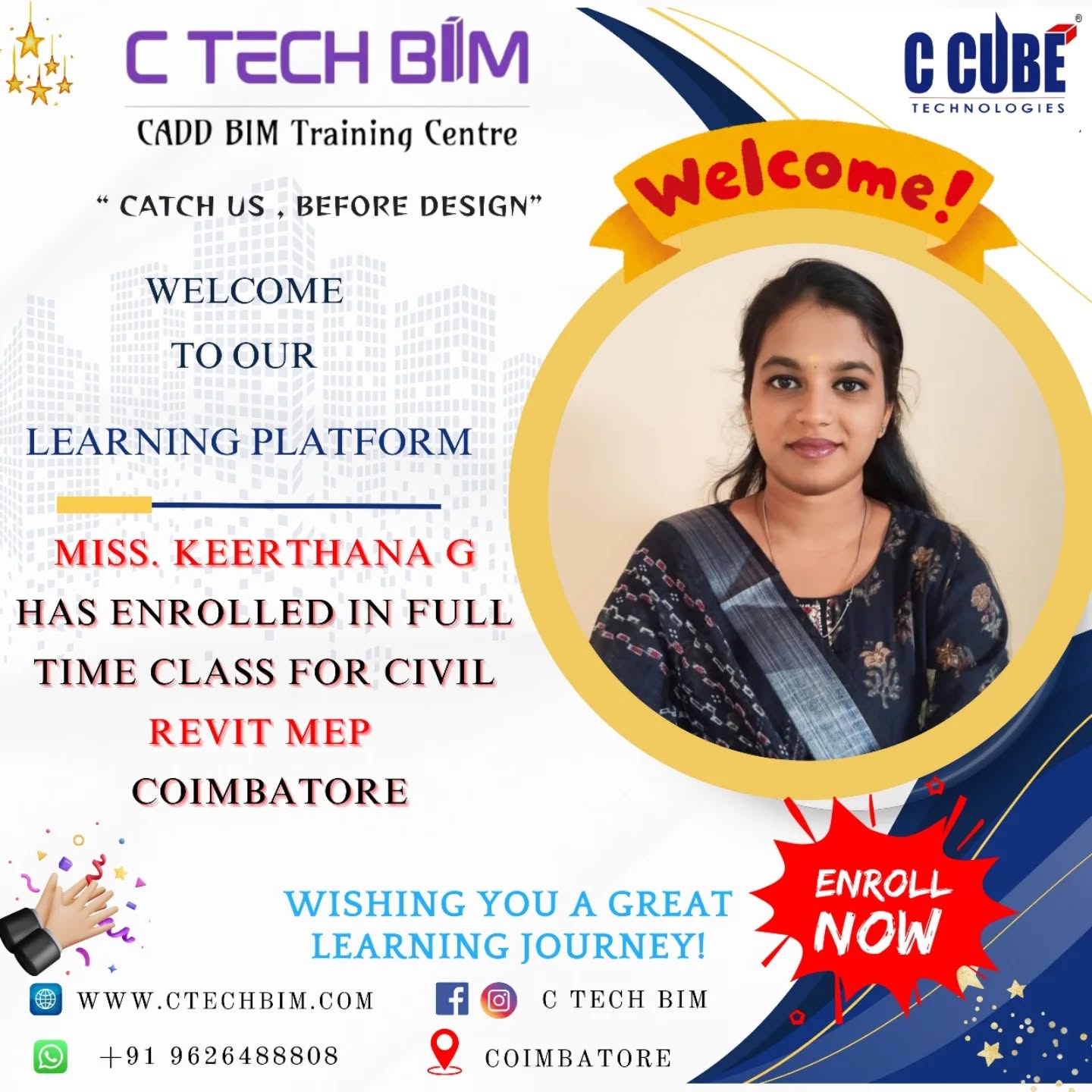 ๐ A Warm Welcome to Miss. Keerthana G!
We are delighted to welcome her to our Full-Time Civil Revit MEP program at C TECH BIM, Coimbatore.
Revit MEP is one of the most in-demand skills in the civil engineering & construction industry, and weโre excited to guide her on this learning journey! ๐โจ
Wishing her a successful, skillful, and inspiring journey ahead! ๐ผ๐ก
๐ Coimbatore
๐ www.ctechbim.com
๐ +91 96264 88808
#CTechBIM #RevitMEP #CivilEngineering #StudentWelcome #MEPDesign #TrainingInstitute #Coimbatore #EngineeringStudents #SkillDevelopment #LearningJourney #CADDTraining #BIMTraining