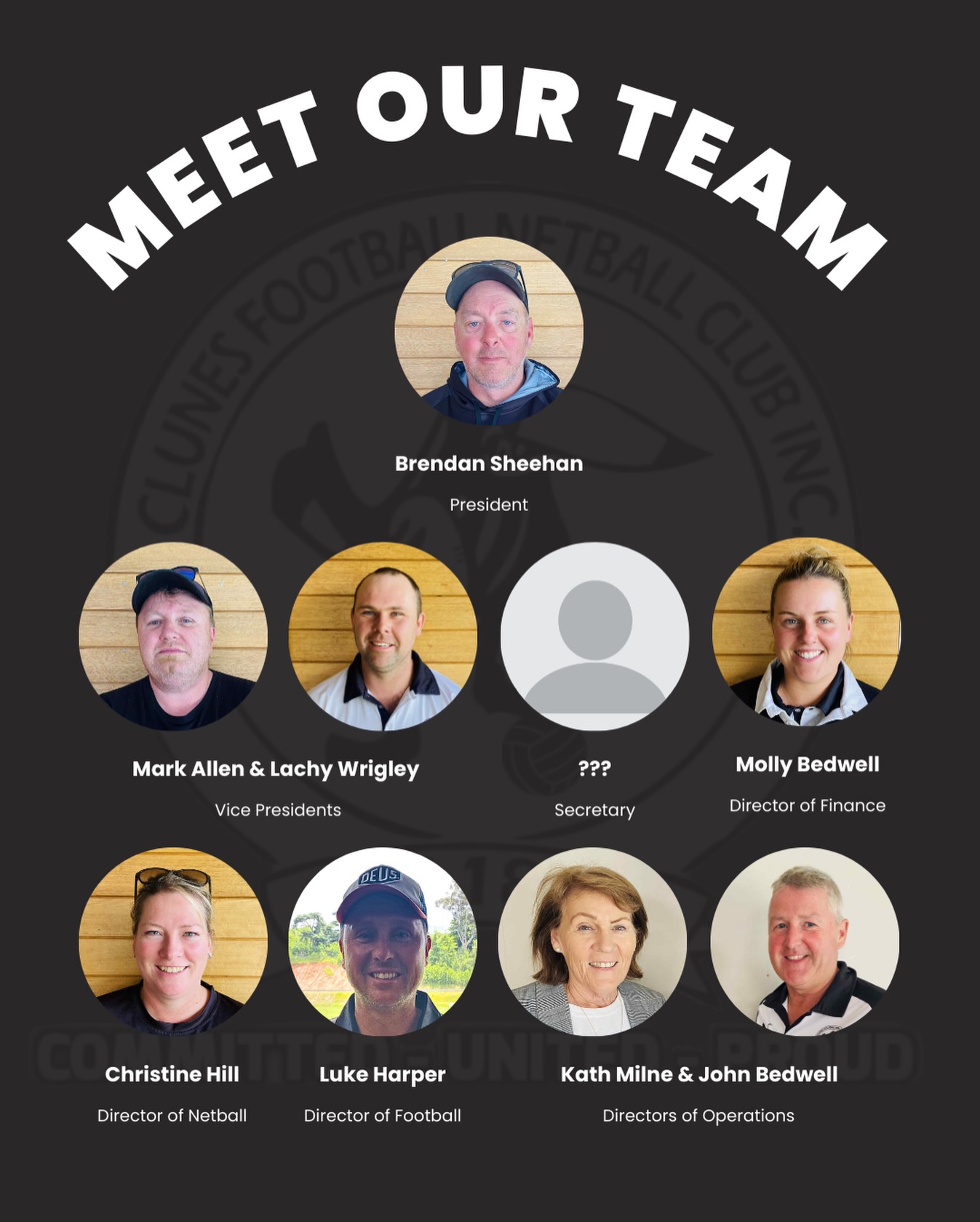 Introducing our 2026 Committee!! 🖤🤍
Another massive thank you and welcome to our new and returning committee members. The secretary role is yet to be filled, more information and a position description will be released soon.
There is ALWAYS something to do at Clunes FNC, so if you’re thinking about putting your hand up to help out, now’s the time!