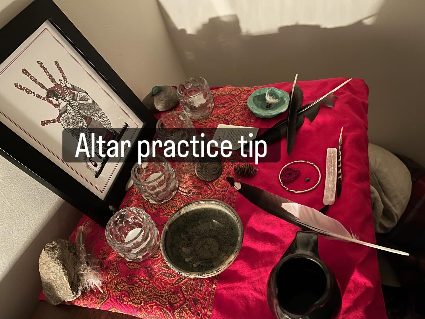 I find an altar needs to be engaged with on the daily to stay present and potent. The water needs to be poured, the candle lit. The remembering of intention, the touching in to what matters.
Altars bring the sense of spirit, the unseen, to the seen. Just like building strength, or keeping the kitchen clean. Attention must be given and the work must be done.
Anyone else have altar tips or questions? I would love to hear them…
