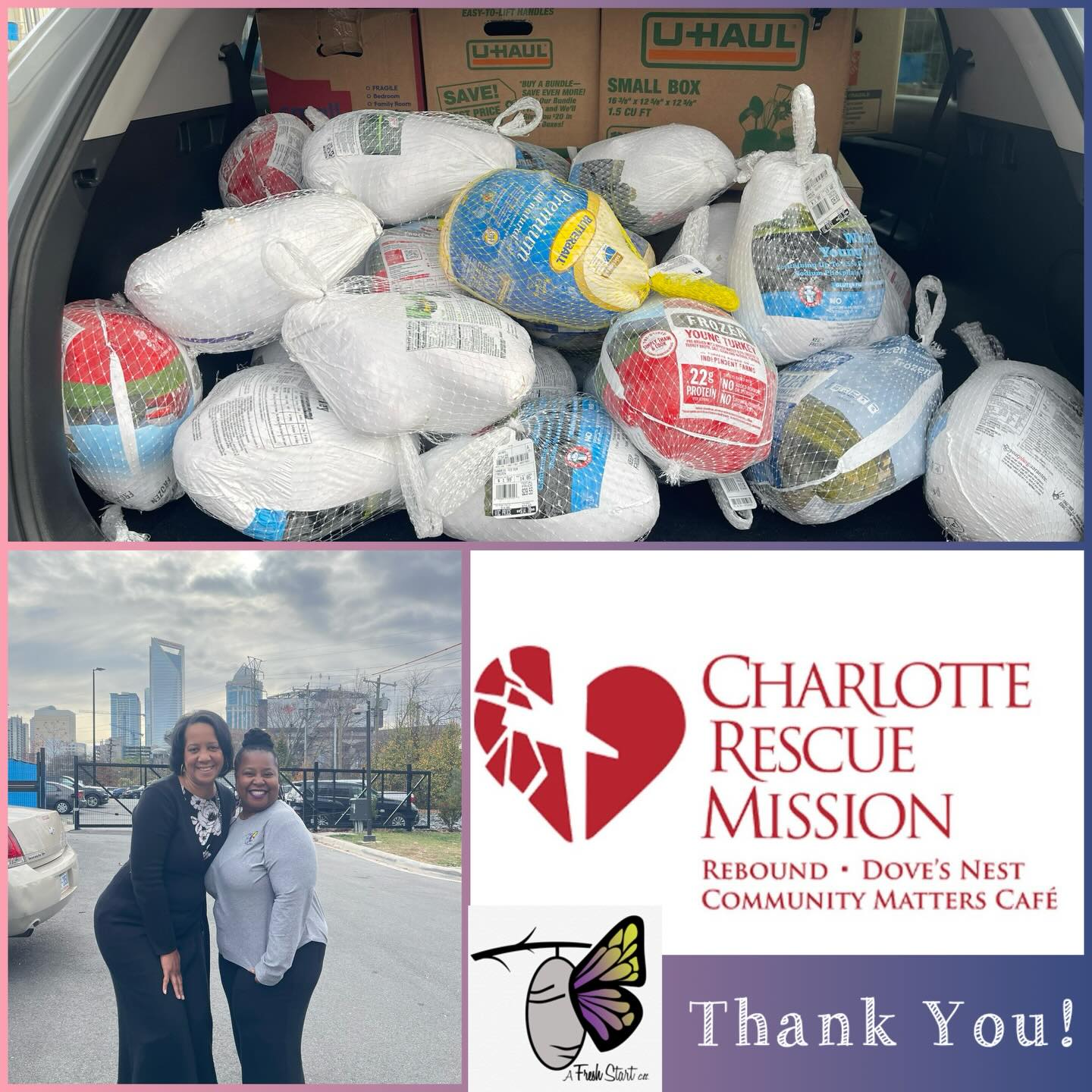 Today our hearts are filled with so much joy!! 🤎 We were blessed by an amazing community supporter @charlotterescuemission who provided Thanksgiving boxes and over 30 turkeys for the survivors of human trafficking and their families that we are honored to serve.
At @afreshstartclt , our mission is to help survivors and their children grow, heal, and thrive together and today brought healing in ways we didn’t even expect.
A huge thank-you to Trina Fullard and @charlotterescuemission for blessing our A Fresh Start Clt families!! We are so grateful!!