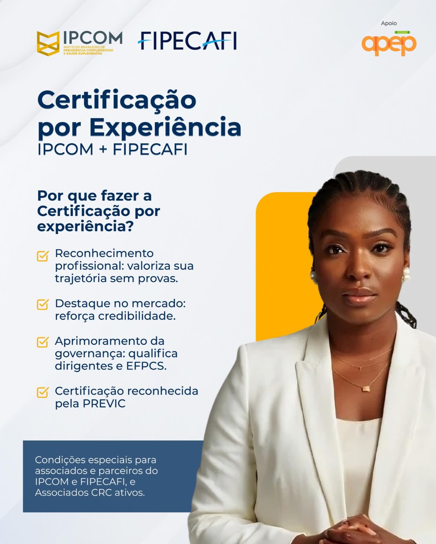 Por que optar pela Certificação por Experiência IPCOM/FIPECAFI? Além de ser uma modalidade reconhecida pela regulamentação para habilitação de dirigentes, ela traz impactos diretos na sua imagem profissional e na sua entidade. Confira os benefícios de validar sua expertise:
🎯 Destaque no mercado: Reforça sua credibilidade junto a entidades, reguladores e stakeholders.
🤝 Reconhecimento profissional: Valoriza oficialmente sua trajetória no setor previdenciário.
🏛️ Aprimoramento da governança: Contribui diretamente para a qualificação dos dirigentes e o fortalecimento das EFPCs.
💡Condição Exclusiva: Desconto especial para parceiros IPCOM e FIPECAFI, e Associados IPCOM e CRC ativos.
Saiba mais no link do nosso perfil.