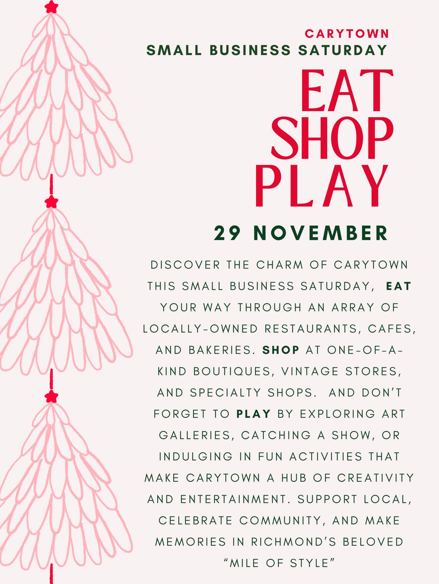 Discover the charm of Carytown this Small Business Saturday, Eat your way through an array of locally-owned restaurants, cafes, and bakeries. Shop at one-of-a-kind boutiques, vintage stores, and specialty shops. And don’t forget to Play by exploring art galleries, catching a show, or indulging in fun activities that make Carytown a hub of creativity and entertainment. Support local, celebrate community, and make memories in Richmond’s beloved “Mile of Style”.
#smallbusinesssaturday #shopsmall #shoplocal #supportsmallbusiness #rva #carytownrva