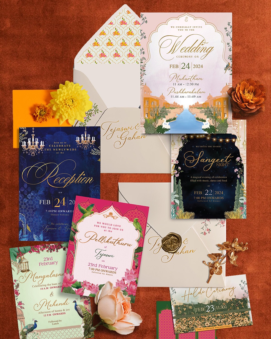 A wedding invitation suite inspired by royal architecture, hand-painted landscapes, and the colours of celebration. ✨🌺
The ceremony invitation features a custom hand-drawn illustration capturing @kaldanhotels ‘s iconic architecture and tranquil setting.
From there, each event received its own palette, lush greens, florals, deep blues, marigolds, creating a vibrant collection that feels regal, cohesive, and beautifully rooted in culture and tradition.
Thoughtfully crafted, vibrant, and intentional, made with love for someone whose story I’m grateful to help bring to life. ✨
•
•
•
•
•
.
.
.
.
.
.
.
.
.
.
.
.
.
.
#indianwedding #weddinginvitation #weddingstationery #custominvitations #weddingillustration #indianweddinginvitations #luxuryweddinginvitations #bespokeweddinginvitations #royalweddinginspiration #indianbride2026#weddingstationerydesigner #customweddingdesigner #destinationweddinginvitations #modernweddinginvites