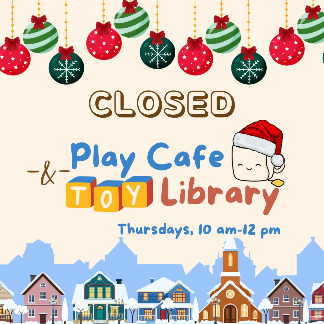 Play Cafe & Toy Library is on Christmas break. Join us in the New Year on January 8th!
#yeg #toylibrary #playcafe #yegkids #free #edmontonkids #indooractivities #coffee #parents #yegevents #freefunprograms #yegfamily #edmontonfamily #edmontonevents #toys #Edmontontoys #salvationarmy #edmontontemple