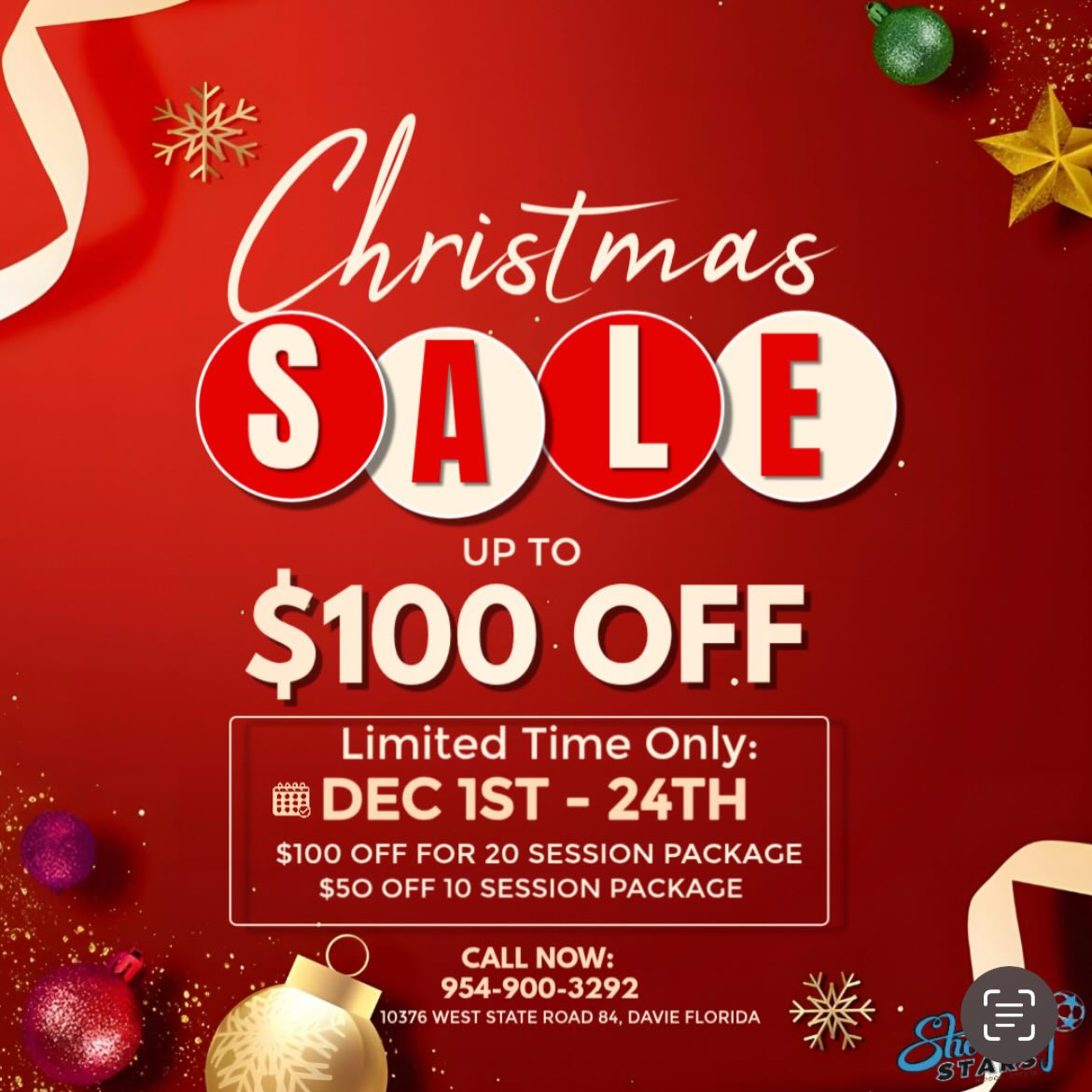 December deals 🎁
Up to $100 Dollars off elite sessions.
Only valid for the month of December.
Call Now 954-900-3292 🎄
#shootingstarsindoorsoccer