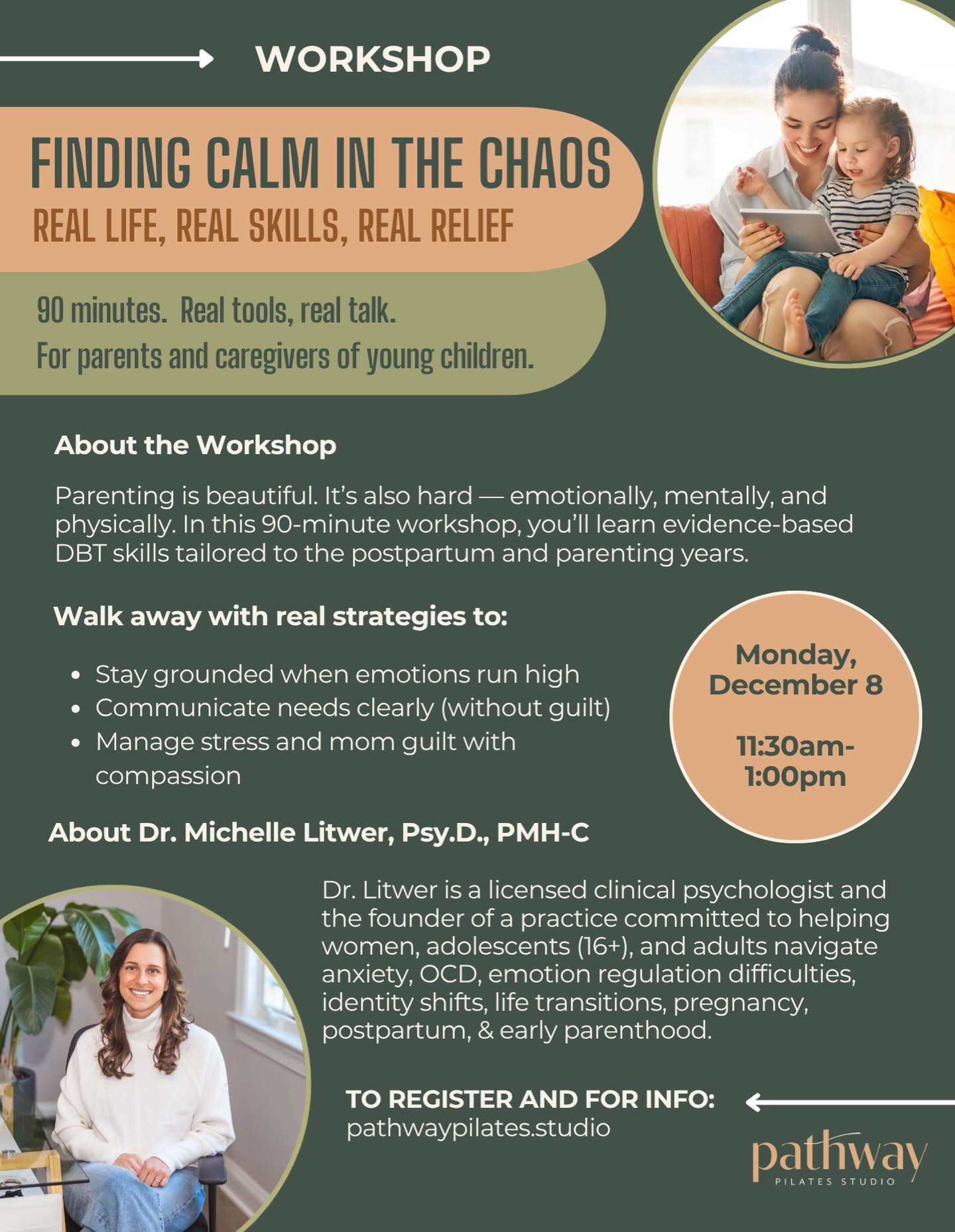 Check out this upcoming parenting workshop by Dr. Michelle Litwer, hosted by @pathwaypilates
For more information, visit https://www.pathwaypilates.studio/workshop-events/dbt-calm-inthe-chaos
#perinatalmentalhealth #perinatal #perinatalpartnersnetwork