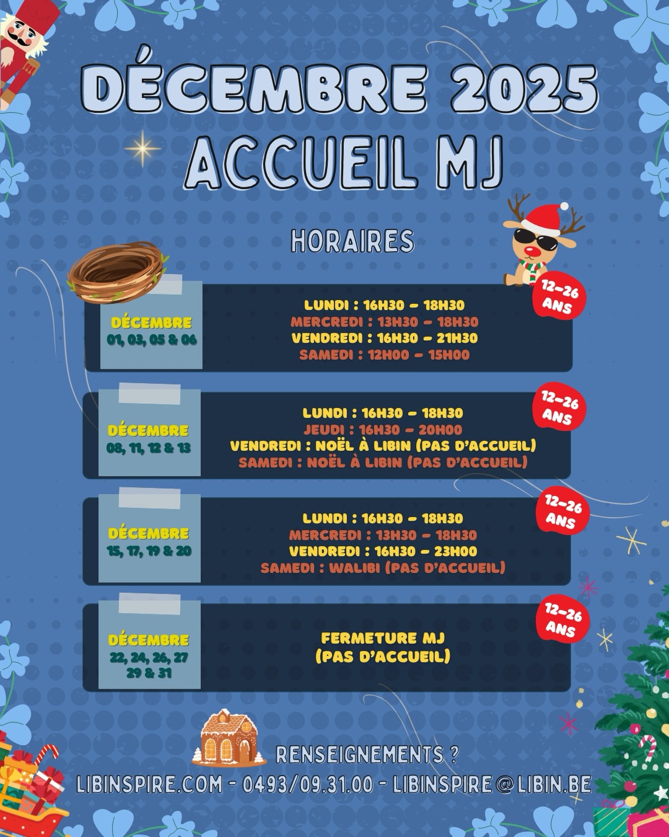 📆Les horaires d’accueil du mois de décembre 2025 sont là !✨
Suis-nous pour ne rien louper !🔥