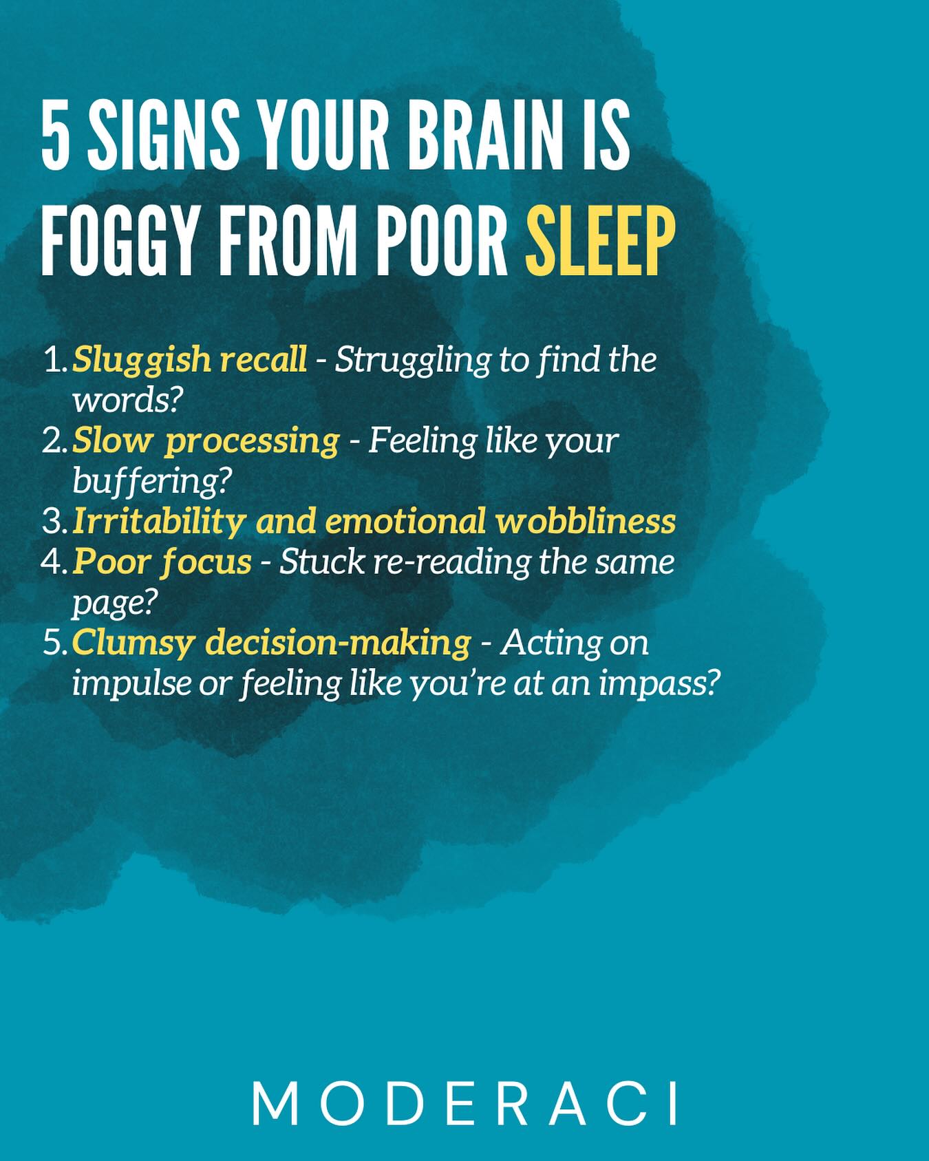 Feeling a bit foggy lately? 😴
Poor sleep can sneak up on your brain in surprising ways; from slow thinking to clumsy decision-making. If you’ve noticed any of these signs, it might be your mind’s way of asking for better overnight balance.
Moderaci is here to help you wake up clearer, calmer, and more energised.
Learn more at www.moderaci.co.uk 🌙✨
#Moderaci #SleepWell #BrainFog #BetterSleep #SleepSupport #WellbeingJourney #HealthyHabits #MindBodyBalance