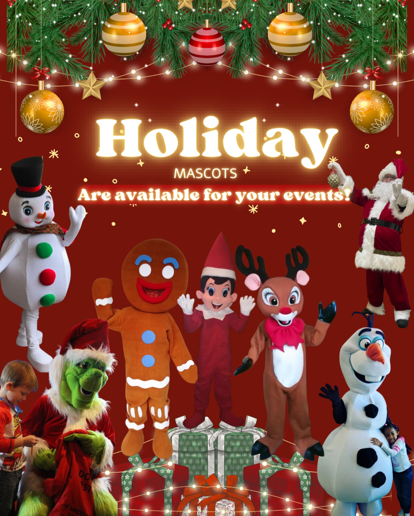 🎄✨Holiday Characters Are Here & Ready For The Festivities of The Season!✨🎄Gingerbread Man, Olaf, Rudolph, The Grinch, Frosty, Elf on The Shelf & Santa are spreading cheer all season long!💫
Book a surprise visit for your school, play space, church, daycare, or family event!💫🎄✨
Inquire early to secure your preferred date and time!💫
#HolidayFunForKids #HolidayCharacters #HolidaySeason