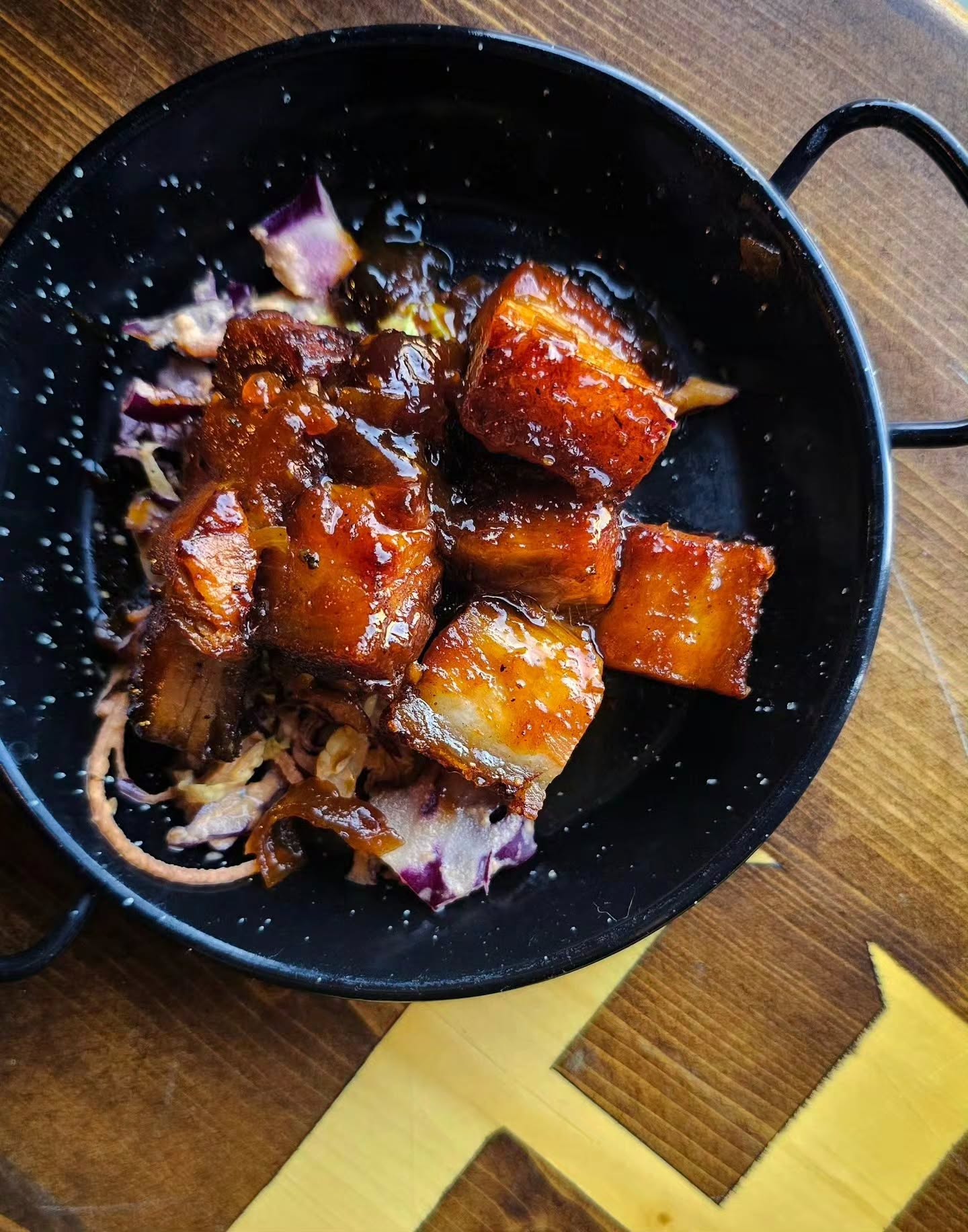 PORK BELLY BURNT ENDS | Brined & smoked pork belly, bourbon BBQ sauce, Vancouver Island sea salt, smoky tomato slaw