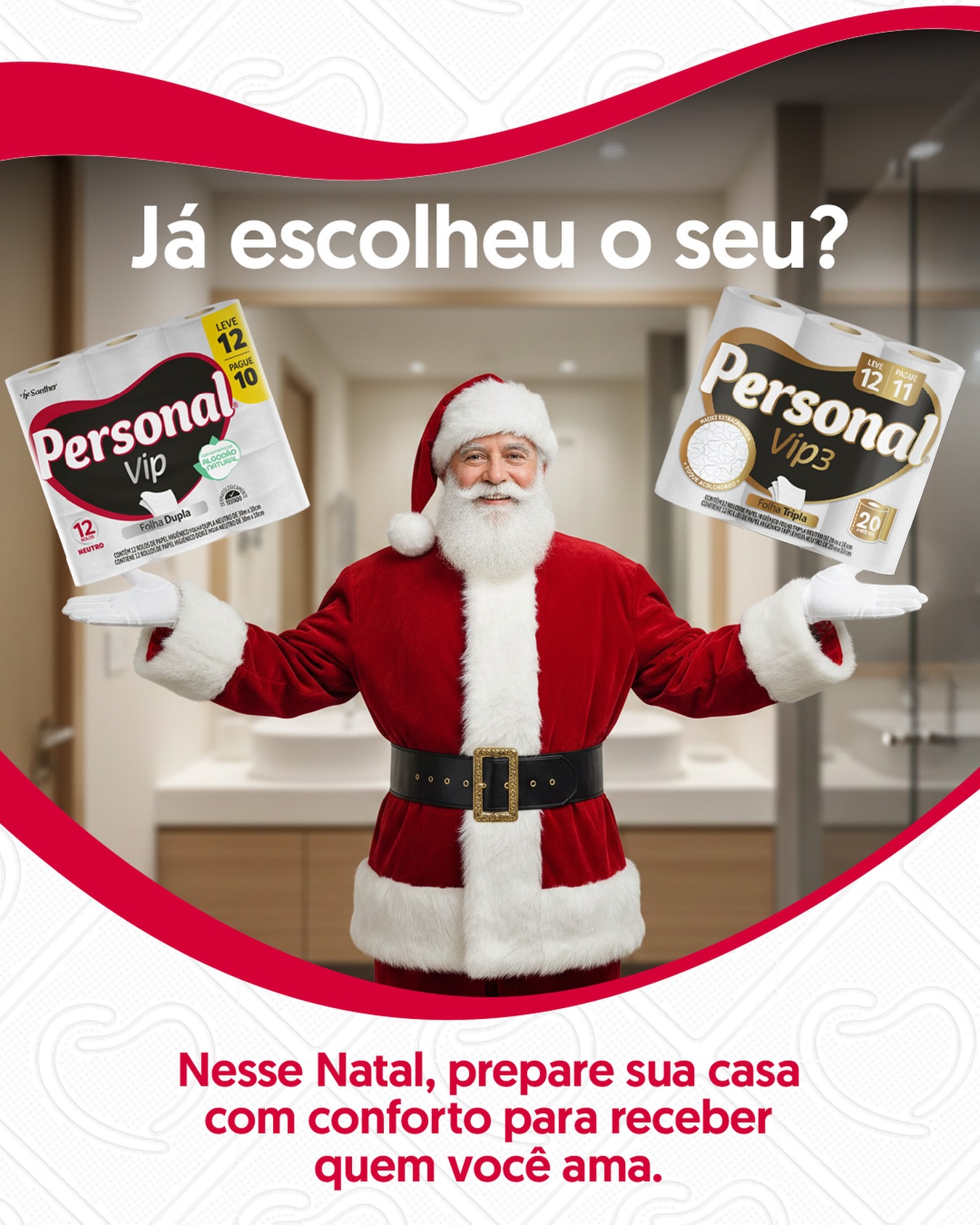 A magia do Natal começa nos detalhes. ✨
Deixe seu lar pronto para receber quem você ama! ❤️
• Conforto + economia = Personal Vip Folha Dupla
• Toque macio + resistência extra = Personal Vip3
Qual é a sua escolha para esse fim de ano? 🎅🧻