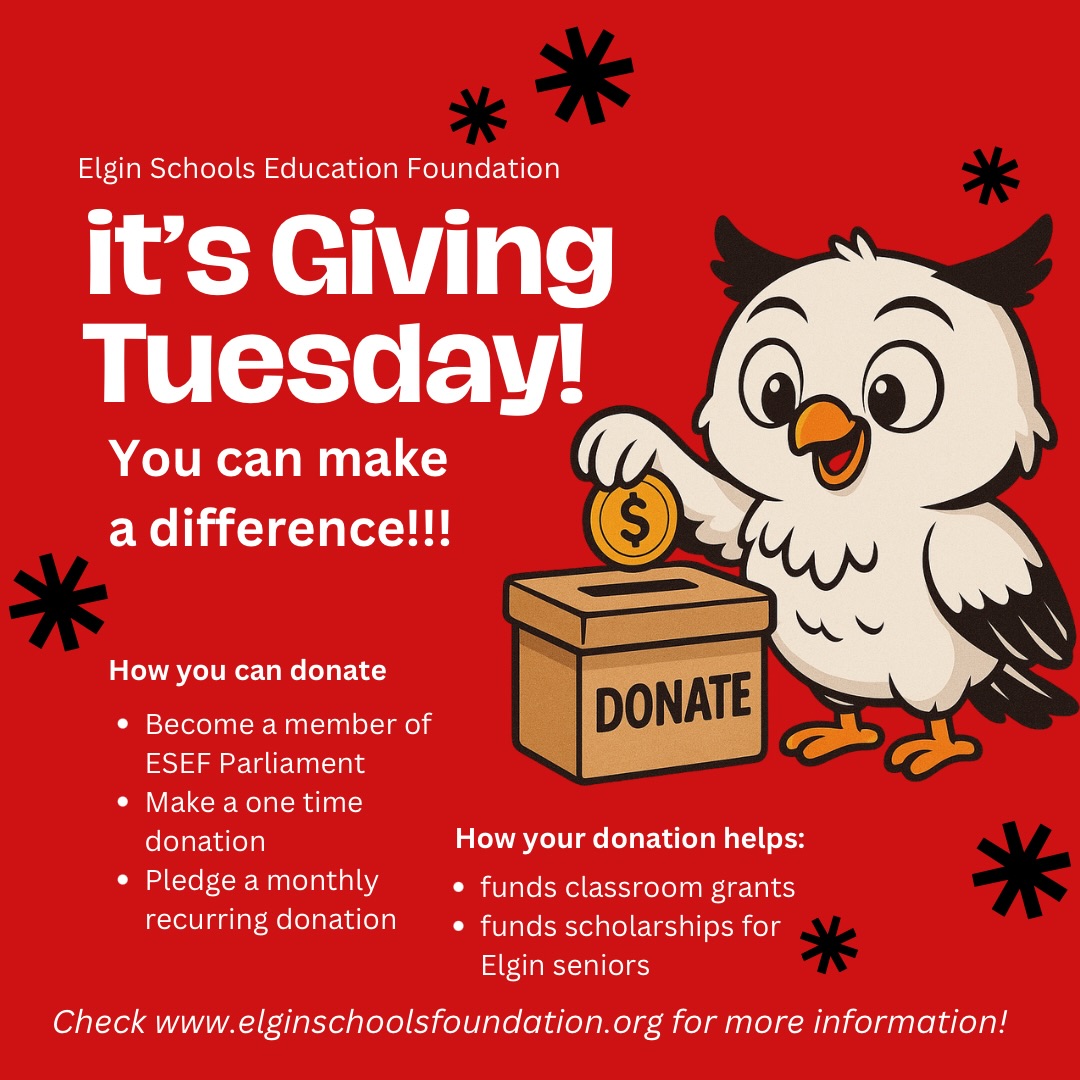 It’s Giving Tuesday! ♥️
Today’s the perfect day to invest in Elgin’s future. Your donation to the Elgin Schools Education Foundation (ESEF) helps us fund classroom grants for teachers and scholarships for seniors …right here in our community.
You can give in 3 ways:
🦉 Join the ESEF Parliament
(our tiered donor program)
💸 Make a one-time gift
🔁 Set up a monthly donation
Every dollar helps inspire and enhance Elgin Public Schools education for our teachers and our students.
📚✨ sign up for reoccurring donations here…
https://www.elginschoolsfoundation.org/become-a-member
OR- use this link to make a one time donation!
https://www.clover.com/pay-widgets/fb2d5daa-10ff-4701-960a-ca260422c7ac