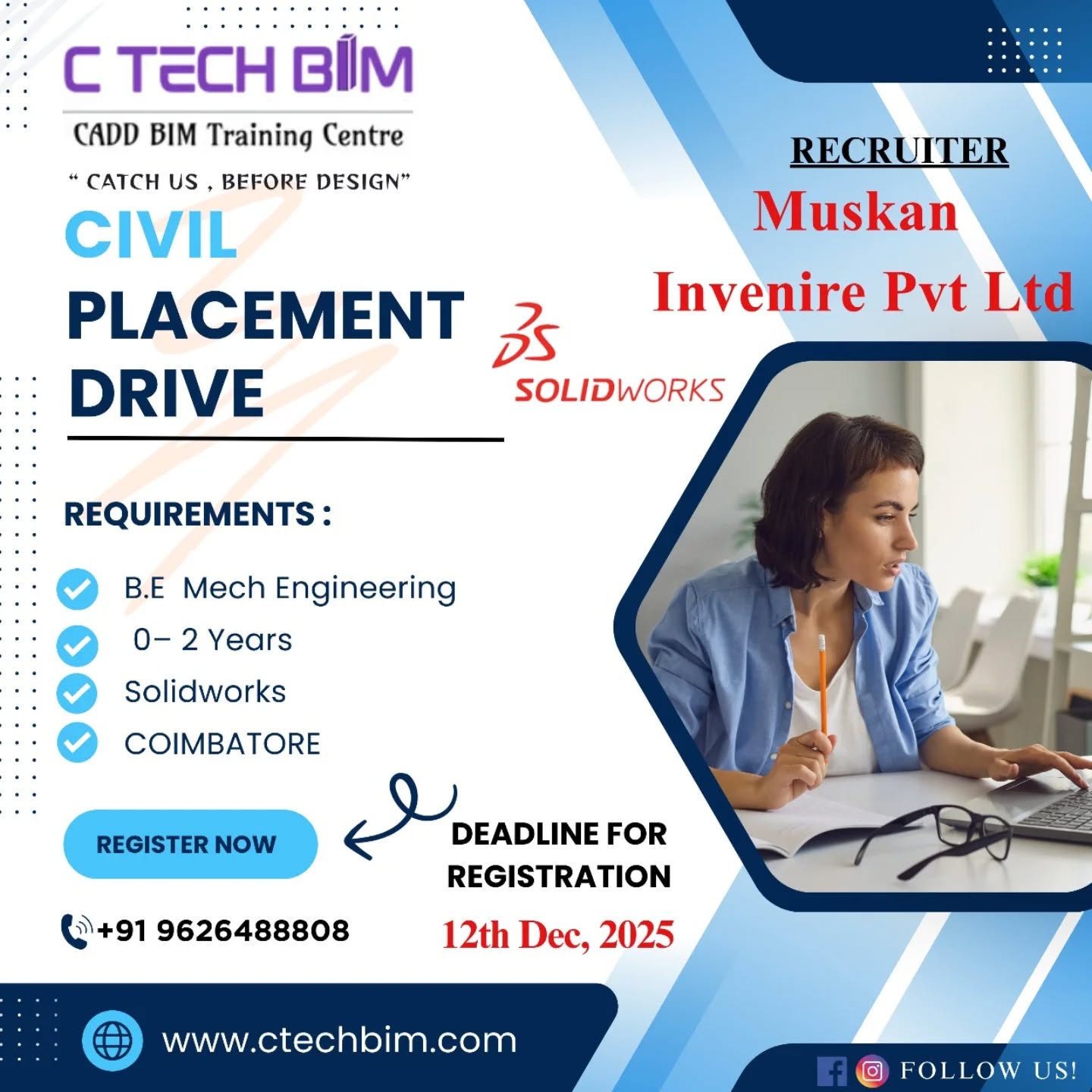 ๐ SolidWorks Placement Drive โ Coimbatore!
C TECH BIM is excited to announce a placement drive for B.E Mechanical Engineering candidates with 0โ2 years experience.
A great opportunity to kickstart your mechanical design career using SolidWorks! ๐ง๐ป
๐ Recruiter: Muskan Invenire Pvt Ltd
๐ Location: Coimbatore
๐ Requirement: SolidWorks (Freshers & Experienced up to 2 years)
๐
Last Date to Register: 12th Dec, 2025
๐ Register Now: www.ctechbim.com
๐ Contact: +91 96264 88808
#PlacementDrive #MechanicalEngineering #SolidWorks #CTechBIM #MuskanInvenire #CoimbatoreJobs #MechanicalDesign #CADJobs #FreshersJobs #EngineeringCareers #SkillDevelopment