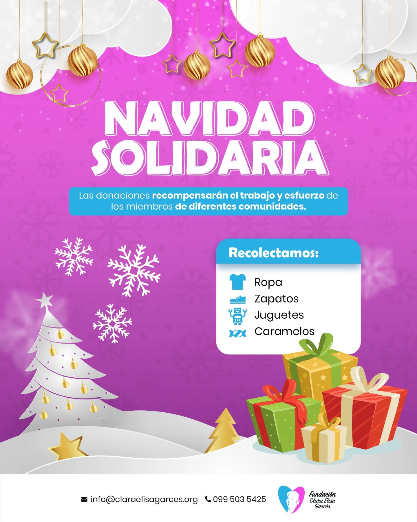 Por sexto año consecutivo, en la Fundación Clara Elisa Garcés unimos esfuerzos para llevar alegría a quienes más lo necesitan. 🌟
Te invitamos a ser parte de esta hermosa causa y a donar ropa, zapatos, juguetes y caramelos. ¡Cada donación es una muestra de amor que recompensa el esfuerzo de los miembros de diferentes comunidades!
📍 ¡Recibimos tus donaciones y juntos haremos de esta Navidad un momento inolvidable!
📩 Contáctanos: info@claraelisagarces.org | 📞 099 503 5425