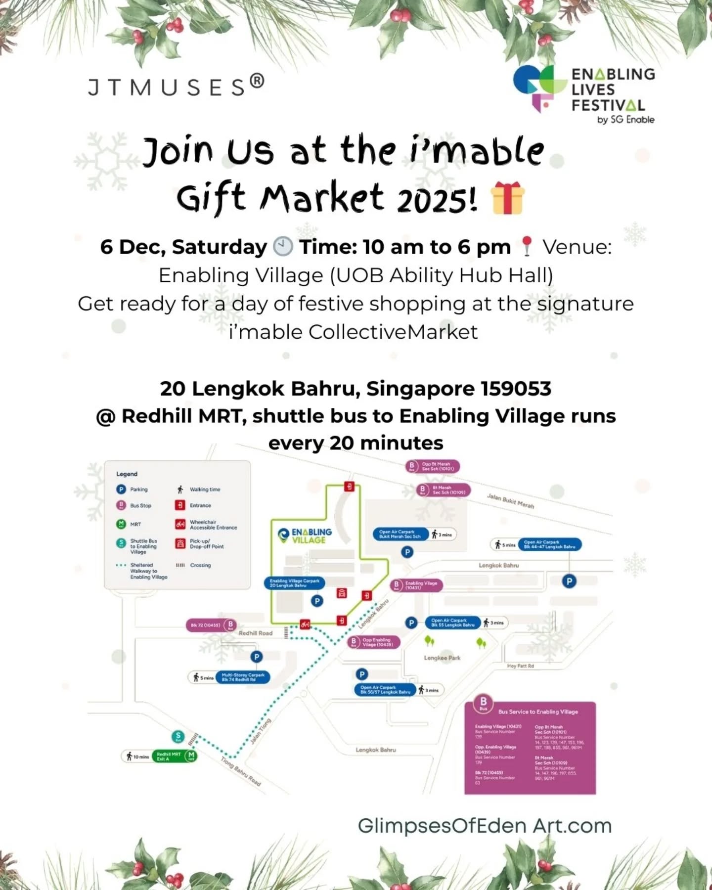 Join us at the Enabling Lives Festival 🎉
• 🛍️ i’mable Gift Market – shop meaningful gifts crafted with love
• 🎨 Hands-on Workshops – unleash your creativity
• 🚶 Guided Tours – discover inspiring stories
• 🎶 Performances – enjoy talents of differently-abled individuals
• 🎁 Special Promotions – festive deals & surprises
• 🤝 Community Fun – connect, celebrate & share joy together
📍 Swing by JTMUSES’s booth at the UOB Ability Hub!
• 🌏 Singapore-based design studio
• 🖌️ Everyday wares transformed into meaningful keepsakes
• 💡 Crafted by differently-abled artists
• 🏛️ Inspired by heritage & culture
• 🎨 Inclusive artistry + functional beauty
#GlimpsesOfEdenArt #JTMUSES #ArtInspiredGifts #SingaporeArt #SGArtists CreativeSingapore SingaporeHeritage SGCulture DragonPlayground SingaporeIcons NostalgicSG TheMuseProject EmpoweredThroughArt DifferentlyAbledArtists InclusiveArt ArtForAll sgartists sgmakers meaningfulgifts corporategifting localtalent imablecollective imAble SupportInclusion CelebrateAbilities givingback dogoodfeelgood meaningful imablesg differentlyabled inclusionmatters inclusion inclusivity