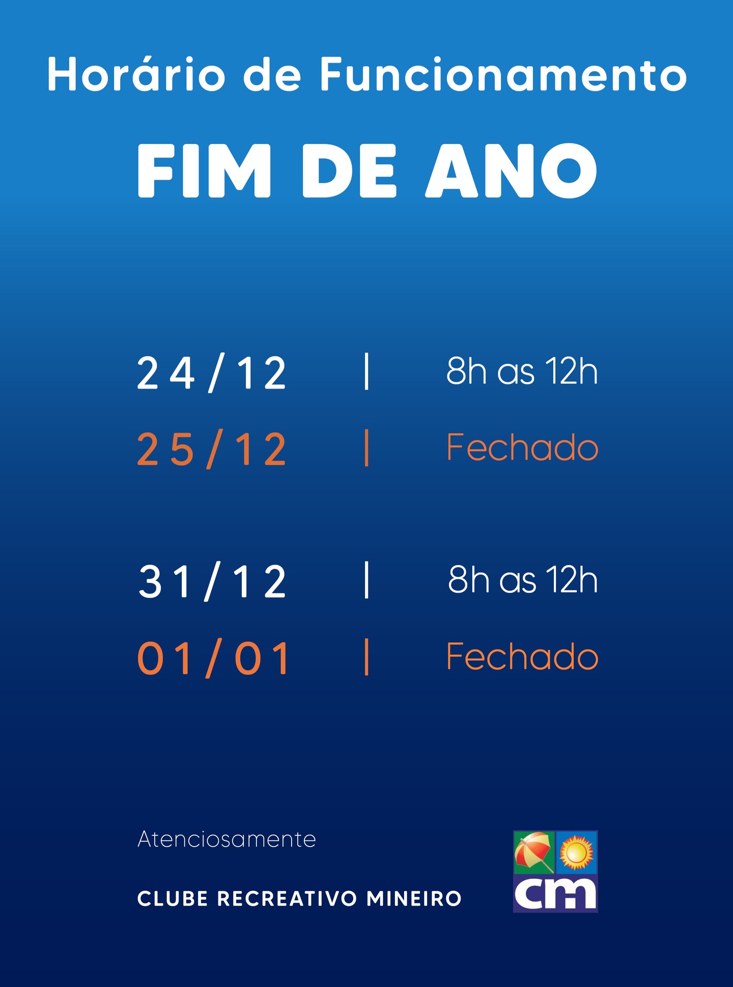 🎄✨ Horário de Funcionamento – Fim de Ano | Clube Recreativo Mineiro ✨🎄
Fique atento aos nossos horários neste período:
📅 24/12 – 8h às 12h
🚫 25/12 – Fechado
📅 31/12 – 8h às 12h
🚫 01/01 – Fechado
Organize sua programação e venha aproveitar o clube com tranquilidade! 💙
Agradecemos a compreensão de todos.
📍 Clube Recreativo Mineiro