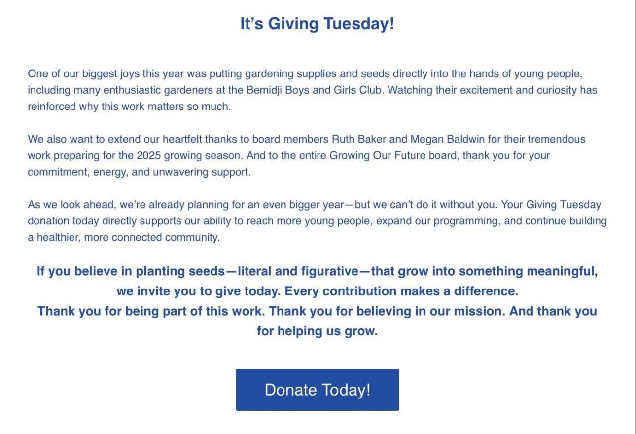 Today is Giving Tuesday! 🌱 Every gift helps Growing Our Future put gardening kits, learning tools, and hands-on opportunities into the hands of young people. Thank you for helping us plant seeds that grow far beyond today. 💚 Visit Our Website to Donate Today! Link in Bio.