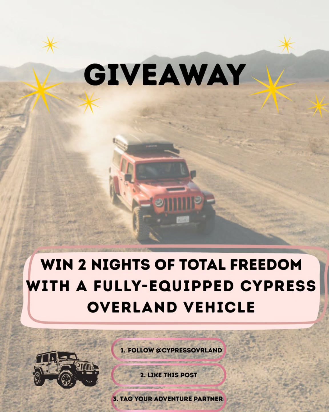 ✨ GIVEAWAY – Win 2 nights of total freedom!
To celebrate a new chapter for @cypressoverland , we’re giving you the chance to enjoy an unforgettable escape in a fully-equipped overland vehicle — your hotel on wheels.
To enter, simply:
• Follow @cypressoverland
• Like this post
• Tag the person you'd bring on this adventure
• Share in your story for an extra chance to win ⭐️
Pick-up available from Salt Lake City
Winner announced on December 25th
Good luck, explorers — your next adventure might start right here. 🤍
#CypressOverland #Giveaway #OverlandLife #AdventureAwaits
French version 🇫🇷
✨ CONCOURS – Gagne 2 nuits de liberté totale !
Pour célébrer une nouvelle étape de l’aventure @cypressoverland , on t’offre la chance de vivre une escapade inoubliable dans un véhicule overland entièrement équipé — ton hôtel sur roues.
Pour participer, il suffit de :
• Suivre @cypressoverland
• Liker cette publication
• Identifier la personne que tu emmènerais avec toi
• Partager en story pour une chance supplémentaire ⭐️
Pick-up disponible depuis Salt Lake City.
Annonce du gagnant : le 25 décembre
Bonne chance aux explorateurs — ton aventure pourrait commencer ici. 🤍
#CypressOverland Concours Overlanding Aventure