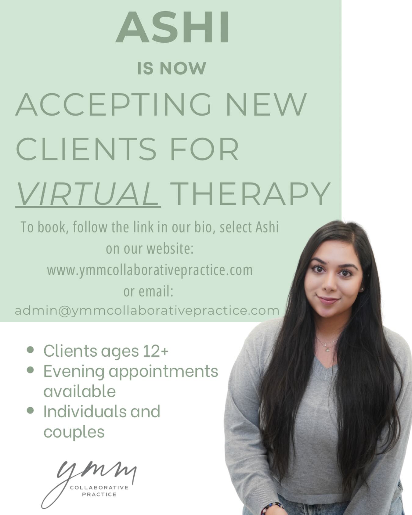 Ashi is accepting new virtual clients!
Click the link in our bio, visit www.ymmcollaborativepractice.com, or email admin@ymmcollaborativepractice.com to book with Ashi.
#ymmcollaborativepractice #virtualtherapy #albertatherapists #therapy #ymm #alberta #individualtherapy #couplestherapy