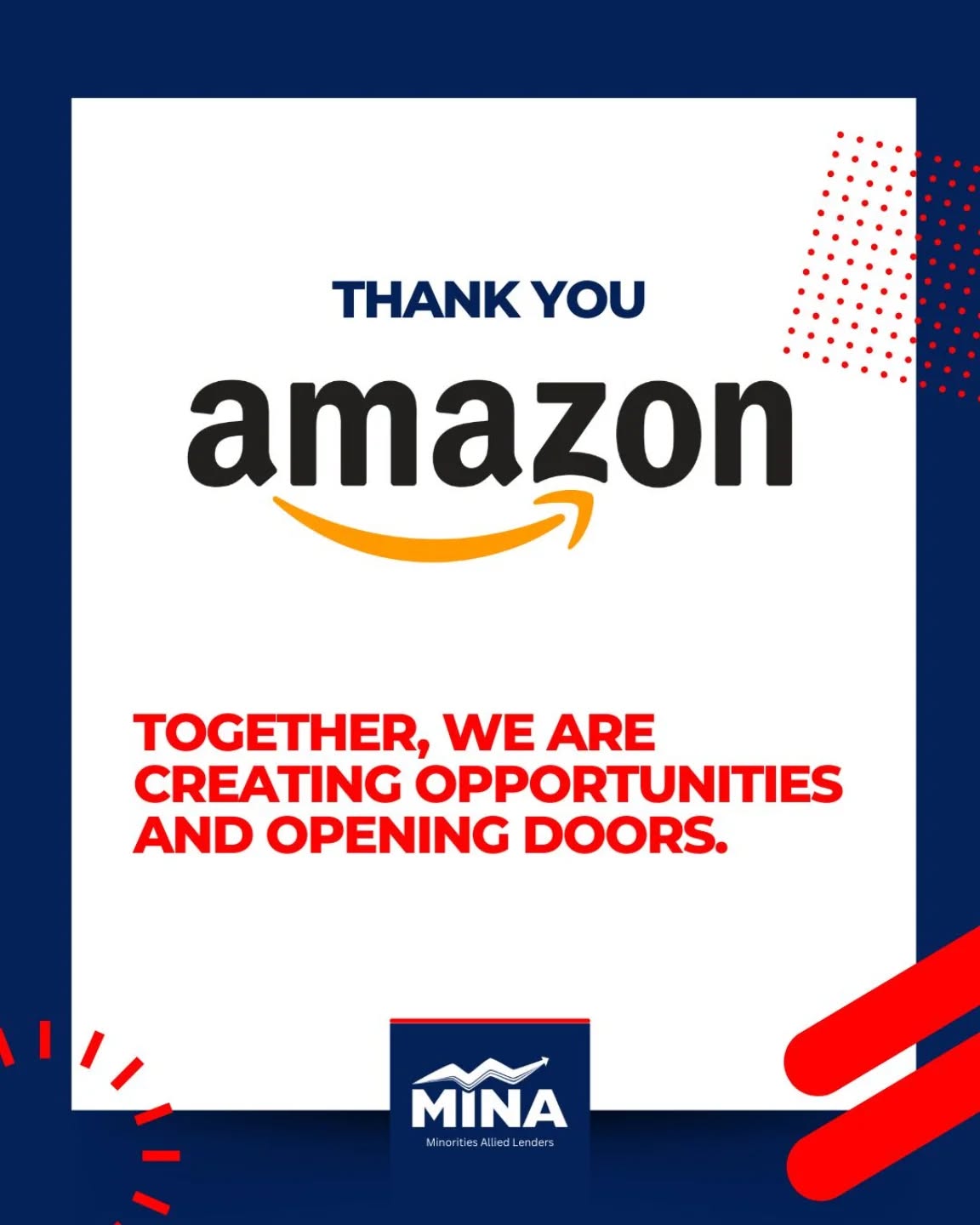 💛 Thank You, Amazon! 💛
We are deeply grateful to Amazon for their generous donation of products to support our monthly community events.
Your contribution helps us continue serving families, supporting entrepreneurs, and strengthening our impact across the community.
Together, we are creating opportunities and opening doors. Thank you for believing in our mission and standing with MINA. 🤝✨
#MINALenders #CommunitySupport #AmazonGives #Gratitude #TogetherWeGrow CommunityImpact ThankYouAmazon