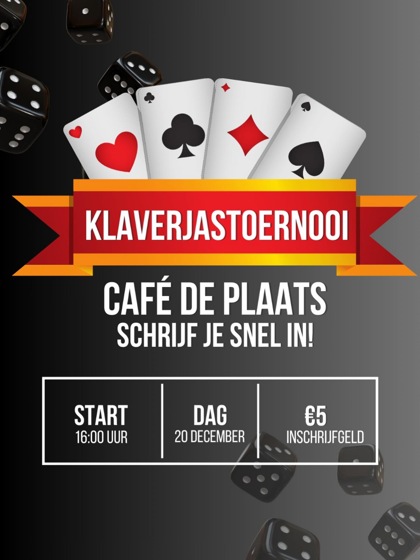 Klaverjastoernooi ♠️♦️♣️❤️Café De Plaats 2026
Na een fantastische editie vorig jaar gaan we dit jaar uiteraard weer kaarten!
Zaterdag 20 december barst de strijd los, je kan je individueel opgeven.
Heb je vragen? Neem gerust contact met ons op.
Geef je op dmv een appje op onderstaand nummer te sturen of een DM!
📱06-30212314
Na aanmelding volgt alle informatie.