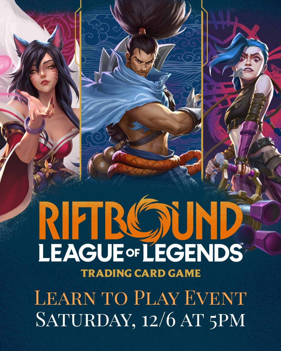 FREE Learn to Play Riftbound Event this Saturday, 12/6 at 5pm!
We have 8 starter decks for players to borrow for this event.
You can sign up online using PlayHub or in store.
PlayHub link: https://locator.riftbound.uvsgames.com/events/286822
#riftbound #riftboundtcg #learntoplay #riftboundcommunity #azriftbound #tcg #tcgplayer #tcgseller #tcgonline #nextlevelgamingaz #goodyearaz #goodyear #westvalleyaz #azlocal