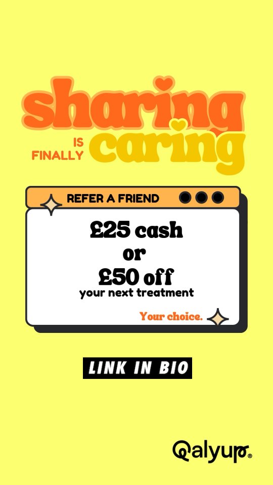 𝗦𝗵𝗮𝗿𝗲 𝗖𝗮𝗿𝗲, 𝗚𝗲𝘁 𝗥𝗲𝘄𝗮𝗿𝗱𝗲𝗱 💸
When you refer someone to Qalyup, we want to thank you in a meaningful way.
For every successful referral, you’ll receive £𝟮𝟱 𝘀𝗲𝗻𝘁 𝗱𝗶𝗿𝗲𝗰𝘁𝗹𝘆 𝘁𝗼 𝘆𝗼𝘂𝗿 𝗯𝗮𝗻𝗸 𝗮𝗰𝗰𝗼𝘂𝗻𝘁 or £𝟱𝟬 𝗼𝗳𝗳 𝘆𝗼𝘂𝗿 𝗼𝘄𝗻 𝘁𝗿𝗲𝗮𝘁𝗺𝗲𝗻𝘁. Your choice.
👉🏼 𝗛𝗼𝘄 𝗶𝘁 𝘄𝗼𝗿𝗸𝘀:
𝟭. 𝗙𝗼𝗹𝗹𝗼𝘄 𝘂𝘀 𝗼𝗻 𝗜𝗻𝘀𝘁𝗮𝗴𝗿𝗮𝗺.
𝟮. 𝗥𝗲𝗴𝗶𝘀𝘁𝗲𝗿 𝗼𝗻 𝗼𝘂𝗿 𝘄𝗲𝗯𝘀𝗶𝘁𝗲, link in bio.
𝟯. 𝗦𝗵𝗮𝗿𝗲 𝘁𝗵𝗶𝘀 𝗽𝗼𝘀𝘁 with a friend or family member who could benefit from our care.
𝟰. When they book their treatment, 𝘄𝗲’𝗹𝗹 𝗻𝗼𝘁𝗶𝗳𝘆 𝘆𝗼𝘂 𝗿𝗶𝗴𝗵𝘁 𝗮𝘄𝗮𝘆 so we can arrange your reward.
It’s our way of saying 𝘁𝗵𝗮𝗻𝗸 𝘆𝗼𝘂 for helping someone you care about feel safe and supported in their health journey. Turns out sharing is 𝘢𝘤𝘵𝘶𝘢𝘭𝘭𝘺 caring.
#ReferralScheme #Qalyup #HealthcareTourism