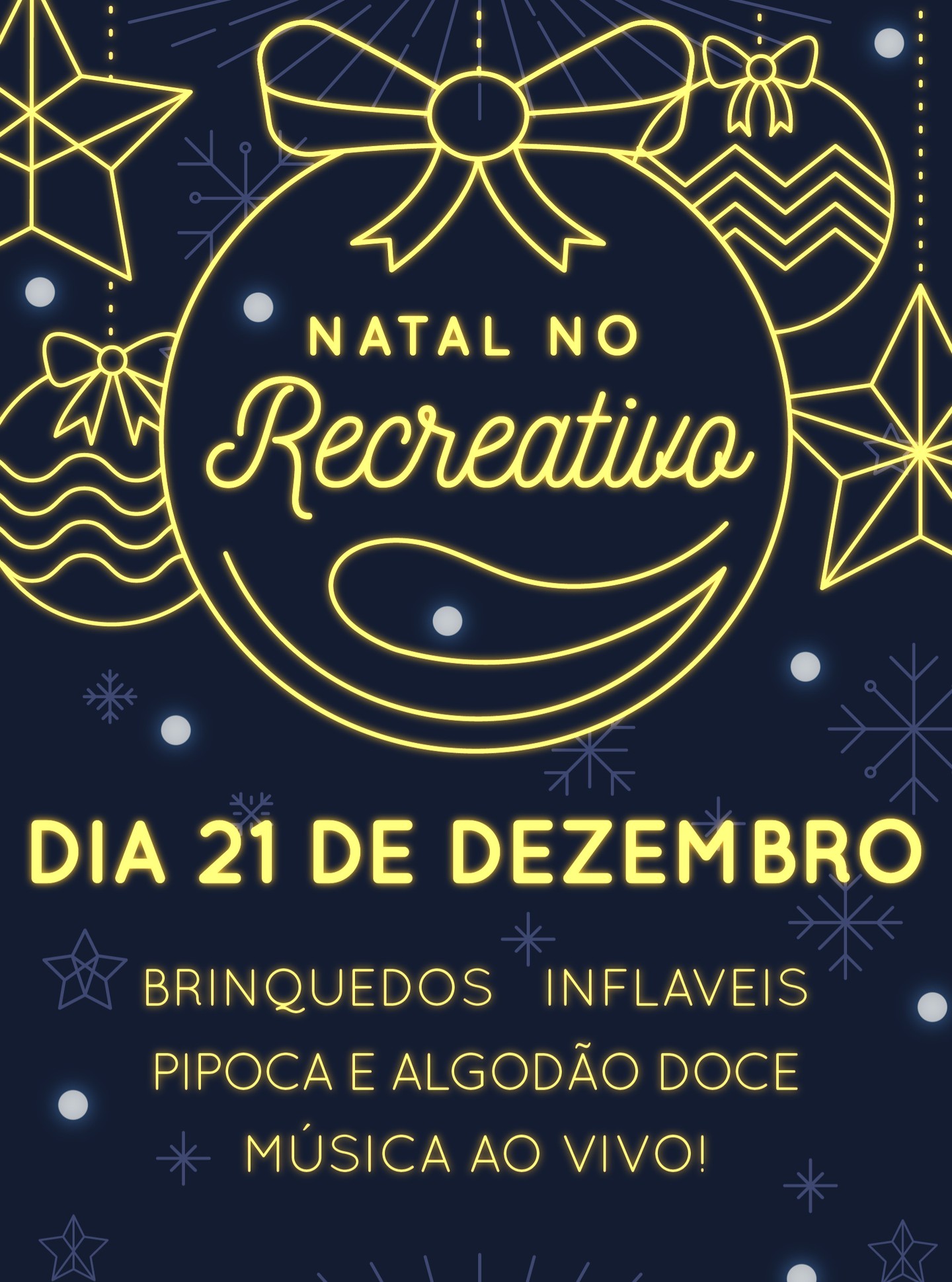 ✨🎄 Natal no Clube Recreativo Mineiro 🎄✨
O clima de Natal já tomou conta do nosso clube, e a diversão está garantida para toda a família!
📅 Dia 21 de dezembro
🎈 Brinquedos infláveis
🍿 Pipoca e algodão doce
🎶 Música ao vivo
Vai ter alegria, diversão e muitas memórias especiais para celebrar essa data tão mágica!
Traga sua família, seus amigos e venha viver essa noite especial com a gente! ❤️
📍 Clube Recreativo Mineiro - Rua Grão Mogol, 197 Sion, R. Grão Mogol, 197 - Carmo, Belo Horizonte - MG, 30310-010