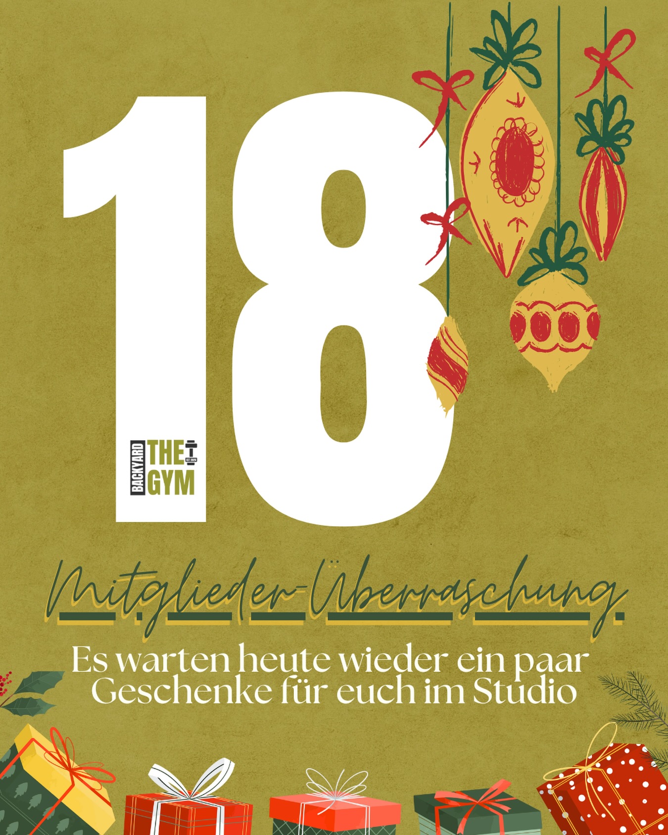 🎉 18.12. – Mitglieder Surprise!
Heute wartet noch ein letztes Mal eine kleine Überraschung im Studio auf euch 🎄
Einfach vorbeikommen, trainieren & beschenken lassen 🥰
#adventskalender#advent#presents#studio#fitnessmotivation#memberbenefits#surprises#goodtimes#christmasseason#christmastime#adventadvent#adventstürchen#groupfitness#personaltraining#privat#gym#smallbusinessowner#thebackyardgymsaar#püttlingen#saarland#xmas