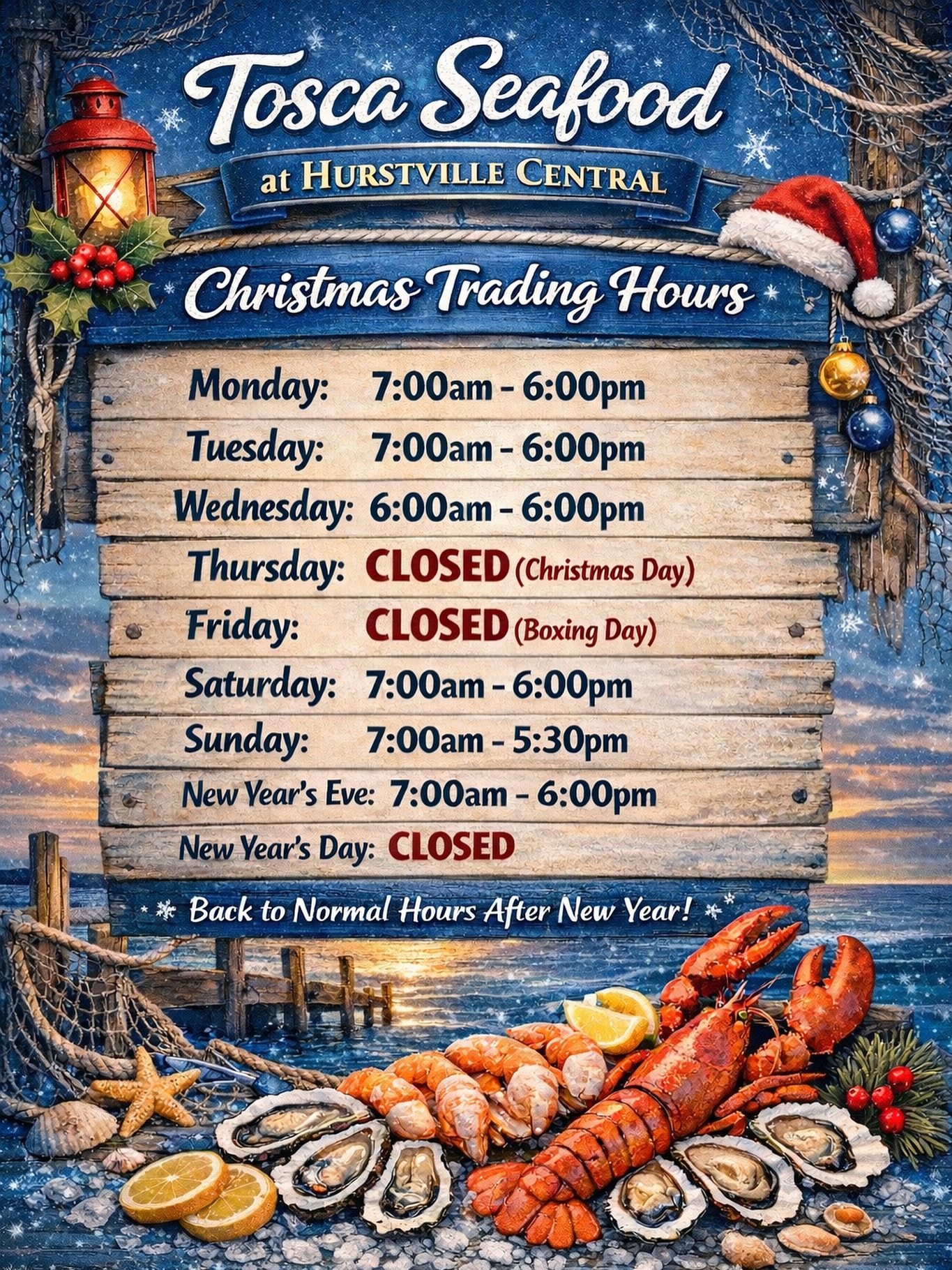 π Christmas Trading Hours β Tosca Seafood π
Please see our updated holiday hours above β¬οΈ
Plan ahead to secure your fresh seafood for the festive season.
π Tosca Seafood β Hurstville Central
Thank you for your continued support & we wish you a safe and happy Christmas ππ¦