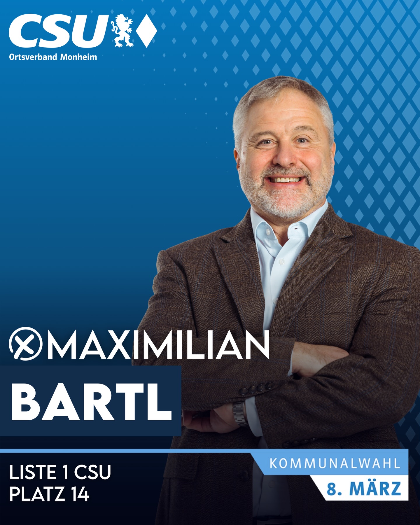 📣Wir stellen vor für den Stadtrat:
👤 Maximilian Bartl
🎂 58 Jahre | 💍 verheiratet
💼 Kaufmann
🏡 Monheim
👨👩👧👦 Familie
🍳 Kochen
🗳 Kommunalwahl 8. März
➡️ Liste 1 CSU – Platz 14
#csu #monheim #bayern #stadtrat #kommunalwahl