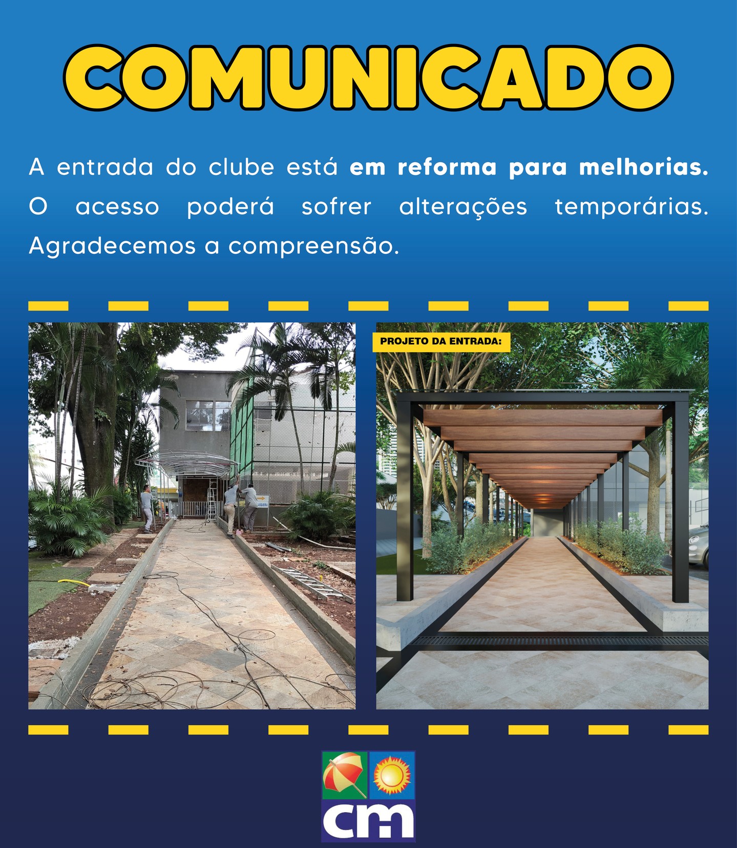 🚧 Obras para melhorar o clube!
A entrada do clube está passando por uma reforma para trazer mais conforto e segurança aos associados. Durante esse período, o acesso pode sofrer alterações temporárias.
Agradecemos a compreensão. Em breve, novidades!