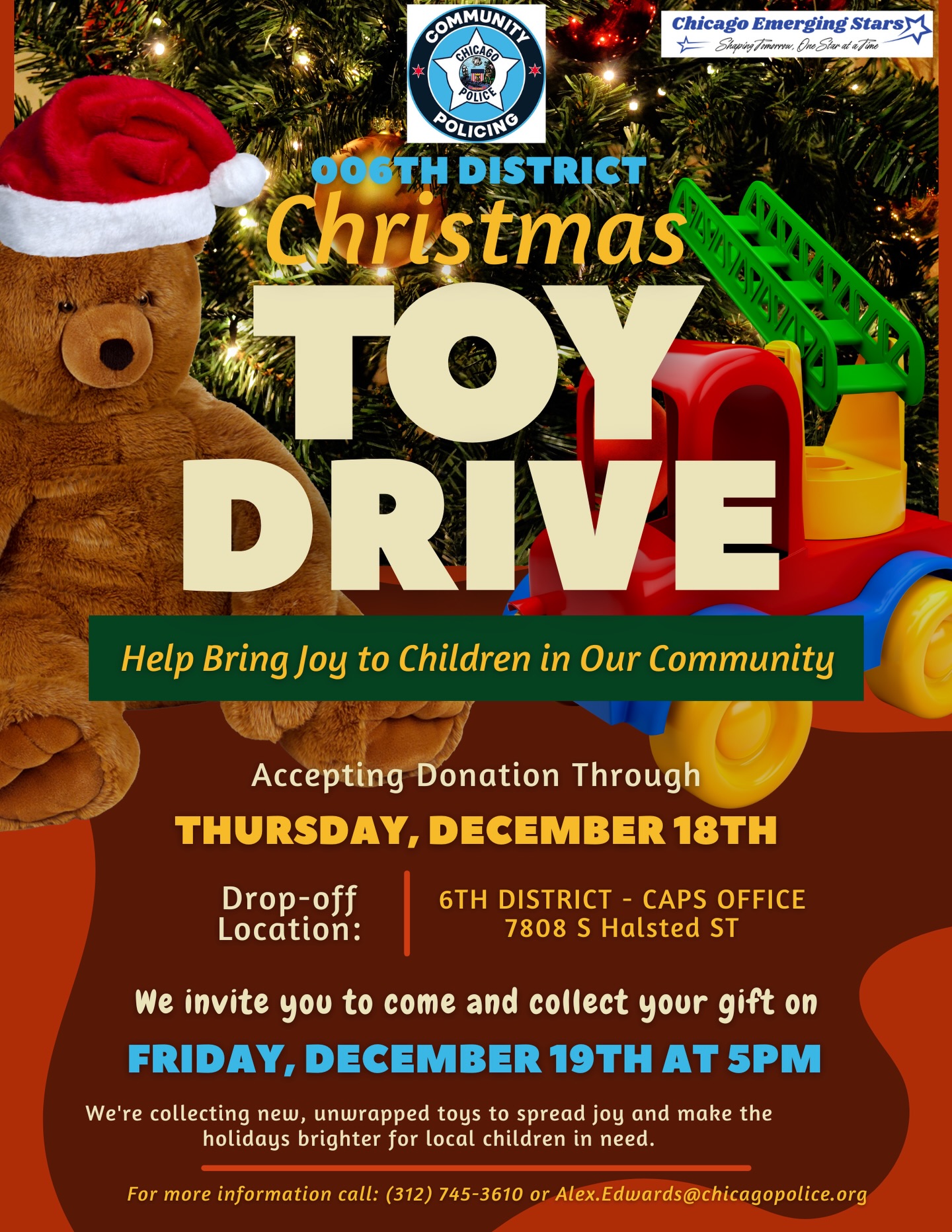 Join us for a Holiday Toy Drive on Friday, December 19 at 5PM Hosted by the 006th District at 7808 S. Halsted St.
Toys available for 150+ families. Child must be present at pickup.
#chicagoemergingstars #toydrive #chicago #share