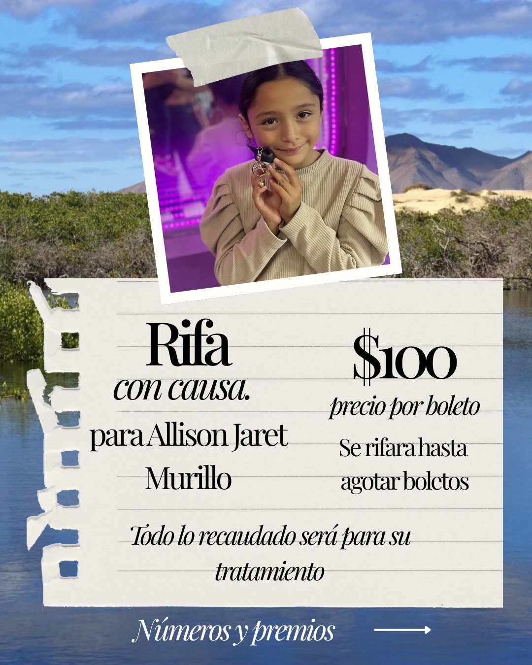 🎟️ Rifa con causa para Allison Jaret Murillo 🤍
Amigos y familia, estamos realizando una rifa solidaria para apoyar a Allison Jaret Murillo en su proceso de salud.
Lo recaudado ayudará a cubrir sus quimioterapias y otros gastos de tratamiento.
Cada apoyo, por pequeño que sea, significa muchísimo para ella y su familia 🙏✨
🎁 Premio
Paseo entre Dunas & Manglares en Bahía Magdalena
Para 2 a 6 personas · Puerto San Carlos, B.C.S.
💲 Costo del boleto
$100 MXN
Se rifará hasta agotar los 100 boletos.
📌 Dinámica:
• Escoge tu número disponible
• Envía comprobante
• Participación confirmada
(También se aceptan donativos 🤍)
💳 Métodos de pago:
Banco Azteca
4027660016542146
Sandra Lizbeth Contreras Onofre
📩 Manda WhatsApp al: 6131168050
📌 Cada boleto y cada donativo es un apoyo real para continuar con su tratamiento.