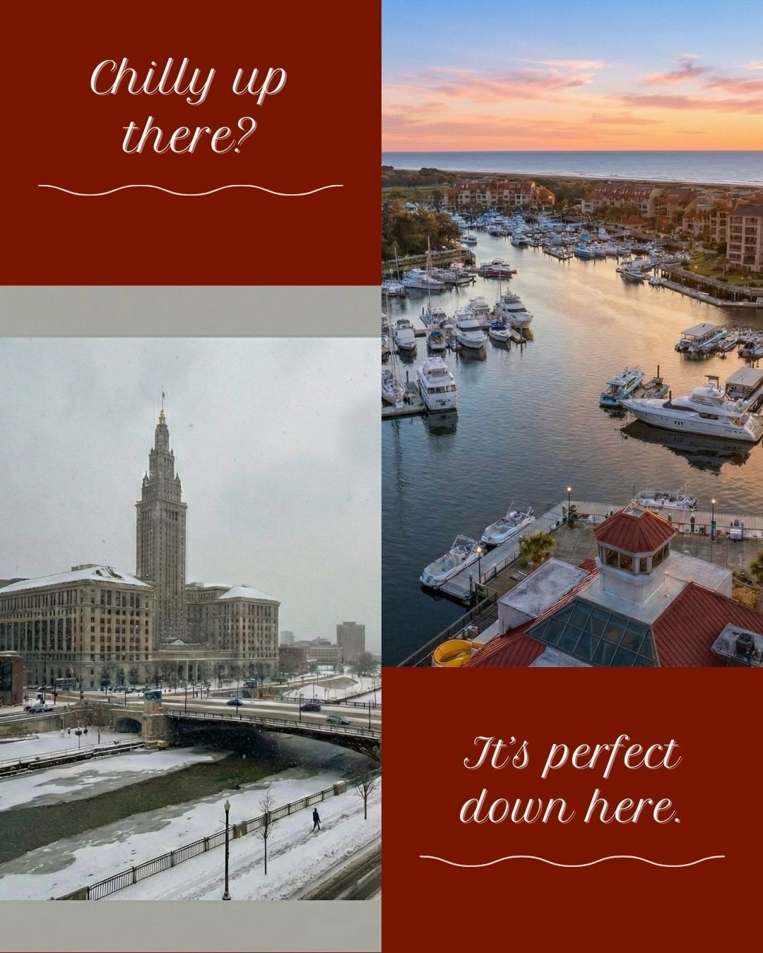 Current status in Ohio: ❄️ vs. Current status in Hilton Head: ⛳️. We have villas open for January. Why are you still shivering? Give us a call @ 843-785-3447 or visit TridentRentals.com #FamilyVacation #PetFriendlyTravel #HiltonHead #HHI #VacationHome #TravelWithKids #DogFriendlyRental #SummerVacation #ShelterCove #TridentVillaRentals
