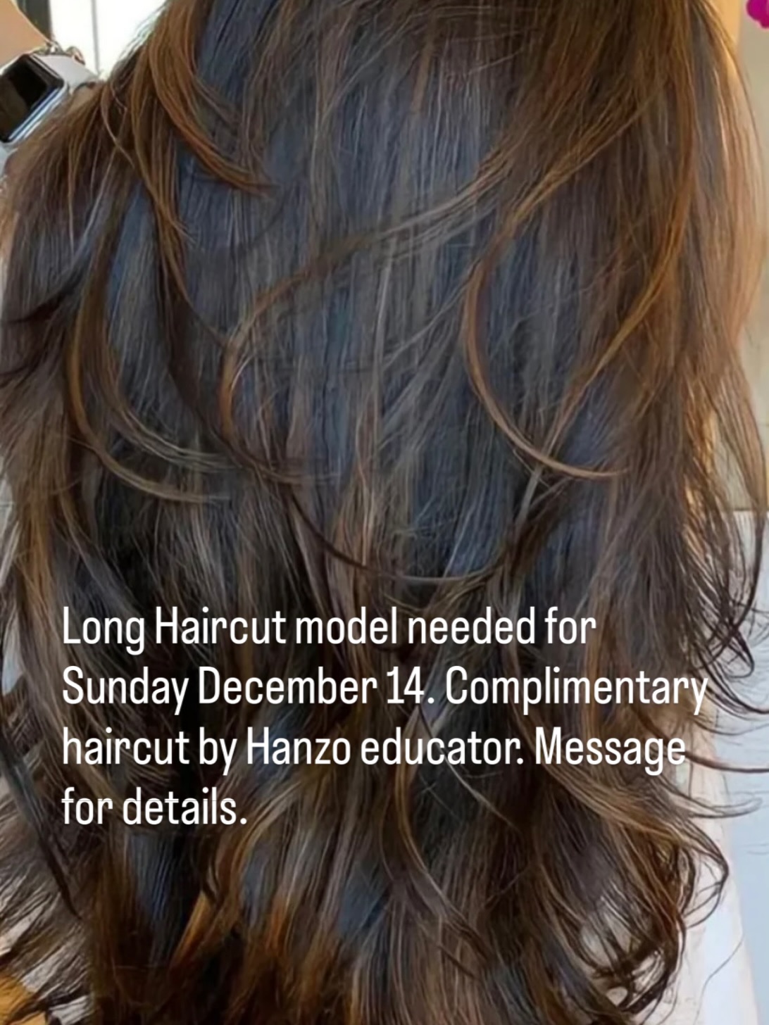 We are having a long haircut class on Sunday December 14. We need a long haired model for the class. Complimentary haircut by Hanzo educator. Message for details.
