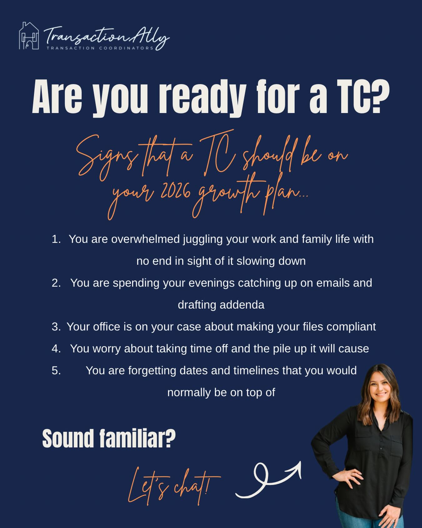 Last year, did you feel you were burnt out or just “pushing through?” 😮💨
Late nights. Missed events. Constant contract deadlines.
You didn’t get into real estate to live inside your inbox.
If paperwork, follow-ups, and timelines are draining your energy, it may be time to stop doing it all yourself.
✨ Hiring a Transaction Coordinator doesn’t mean you’re weak.
✨ It means you’re ready to protect your time, sanity, and business.
Are you ready to invest in efficiency, professionalism and long-term growth, all while getting your life back?
Let’s talk about what a TC can do for you. 👋